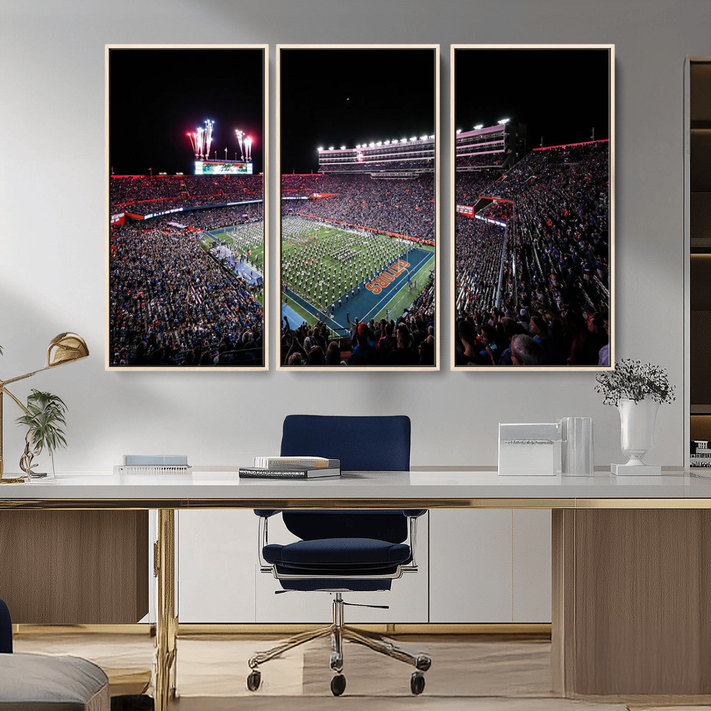 MGV-FC-48X32-3P - Ben Hill Griffin Stadium Night Game Triple Canvas Wall Art - Florida Gators Football Match