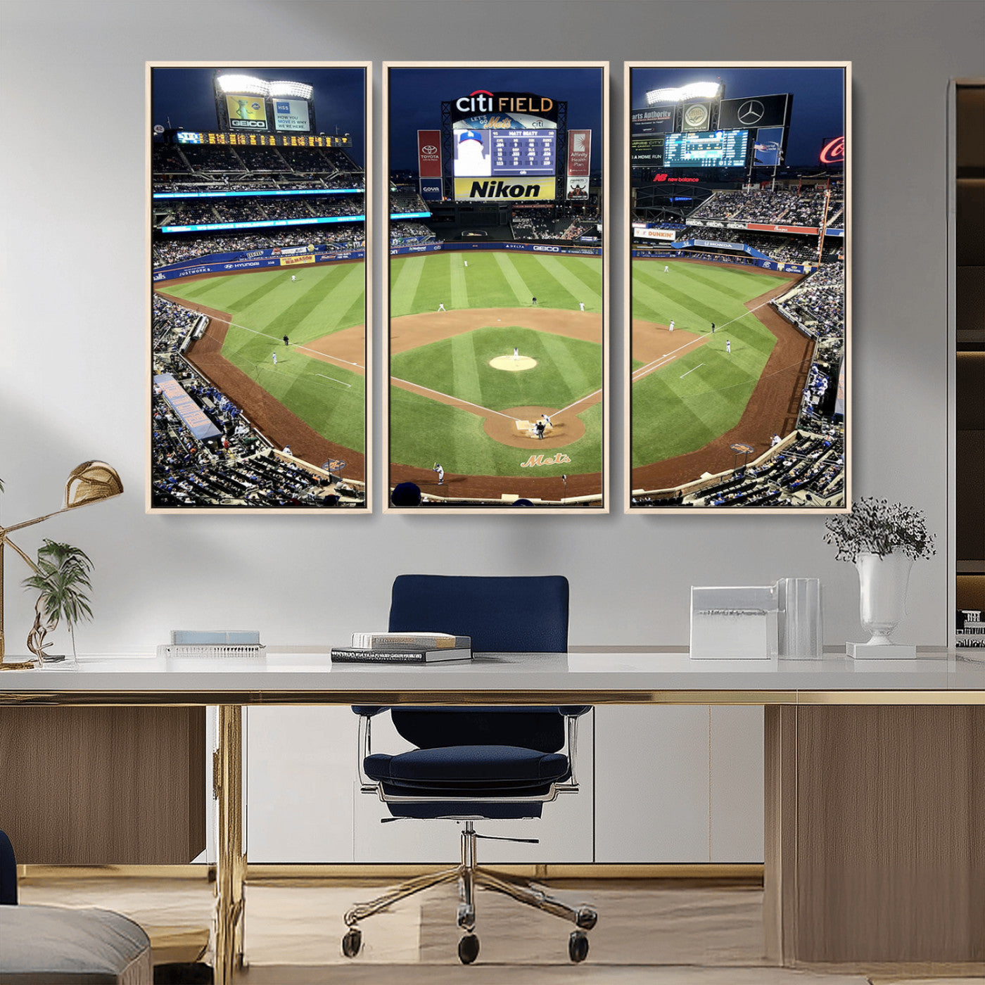 MGV-FC-48X32-3P - Citi Field Wall Art Print | 3-Panel New York Mets Baseball Stadium Canvas Print | Framed Sports Decor for Living Room, Man Cave, or Office Decor