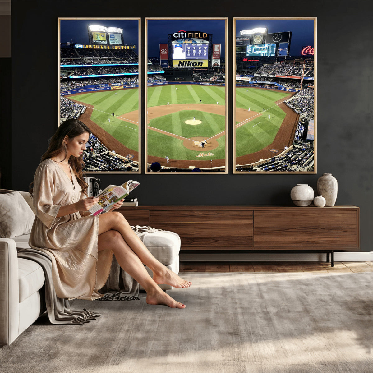 87666-MGV-CV-36X24 - Citi Field Wall Art Print | 3-Panel New York Mets Baseball Stadium Canvas Print | Framed Sports