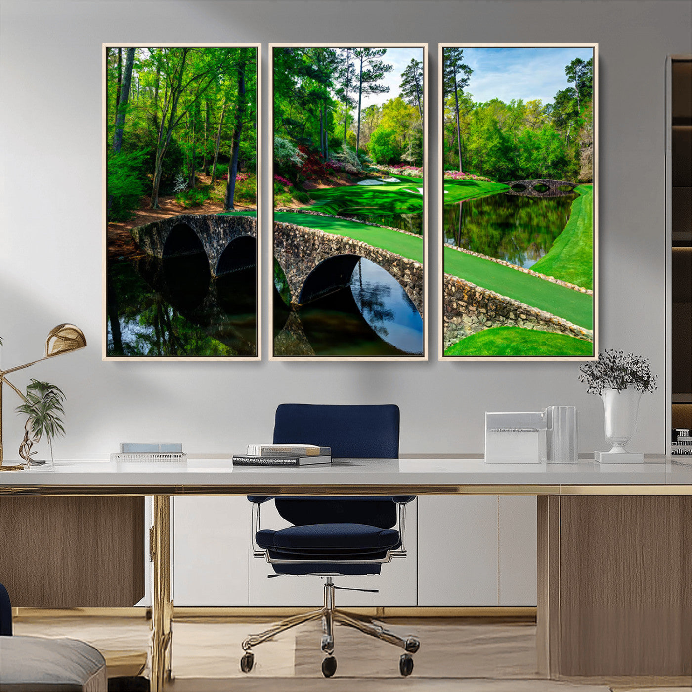 MGV-FC-48X32-3P - Augusta National Golf Club Wall Art - Panoramic Bridge & Lush Greenery – Premium Framed, Ready-to-Hang Triptych Canvas