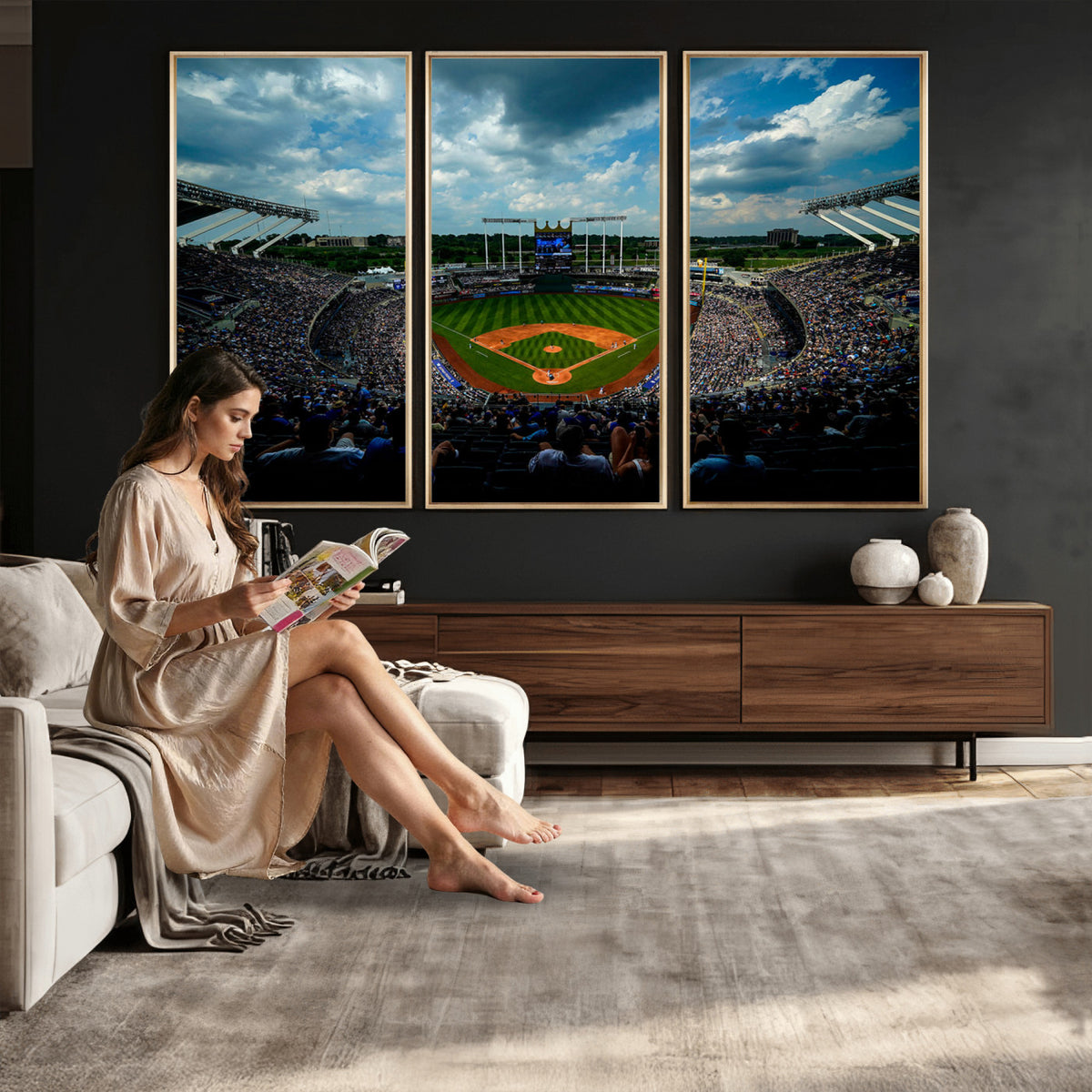 37127-MGV-CV-36X24 - 3-Panel Kauffman Stadium Wall Art Print | Large Kansas City Royals Baseball Canvas