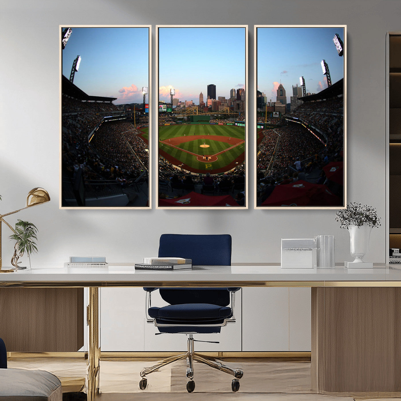 MGV-FC-48X32-3P - PNC Park Evening Game Triple Canvas Wall Art - Pittsburgh Pirates MLB Match - PNC Park Stadium Wall Art Canvas Print