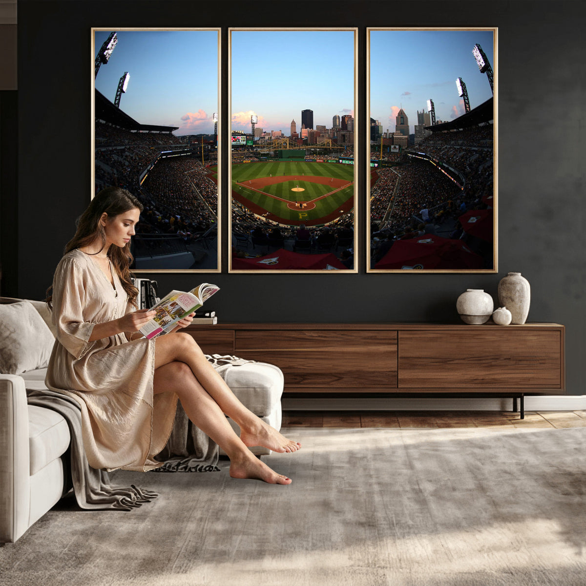 67670-MGV-CV-36X24 - PNC Park Evening Game Triple Canvas Wall Art | Pittsburgh Pirates MLB Stadium