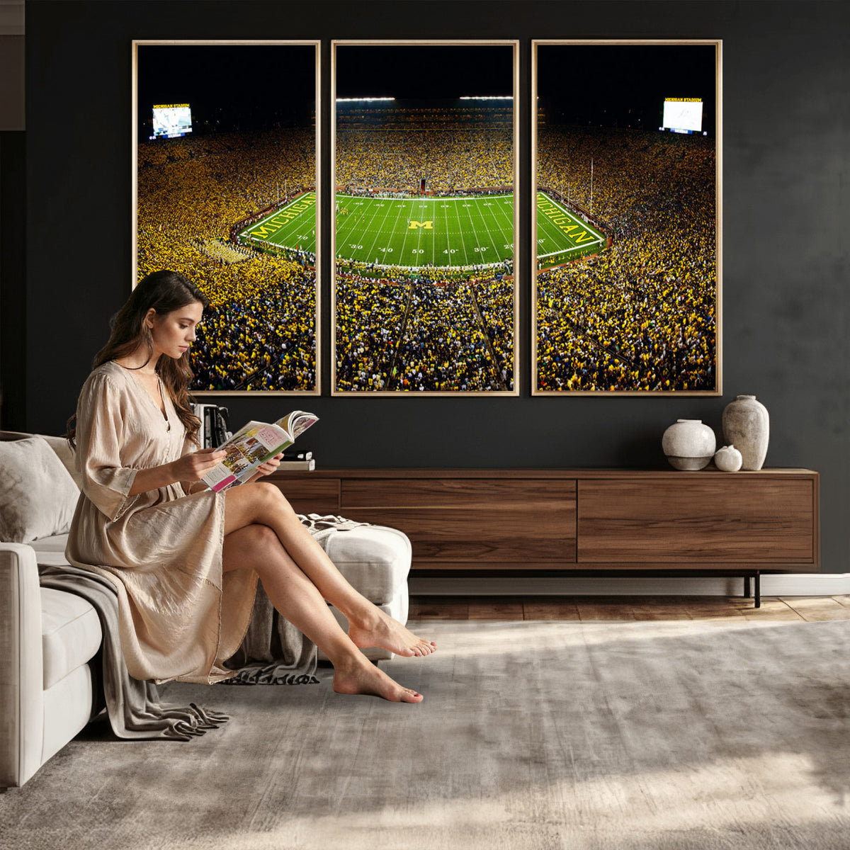 26166-MGV-CV-36X24 - Stadium in Michigan Wall Art Canvas Print, Framed American Football Stadium Art