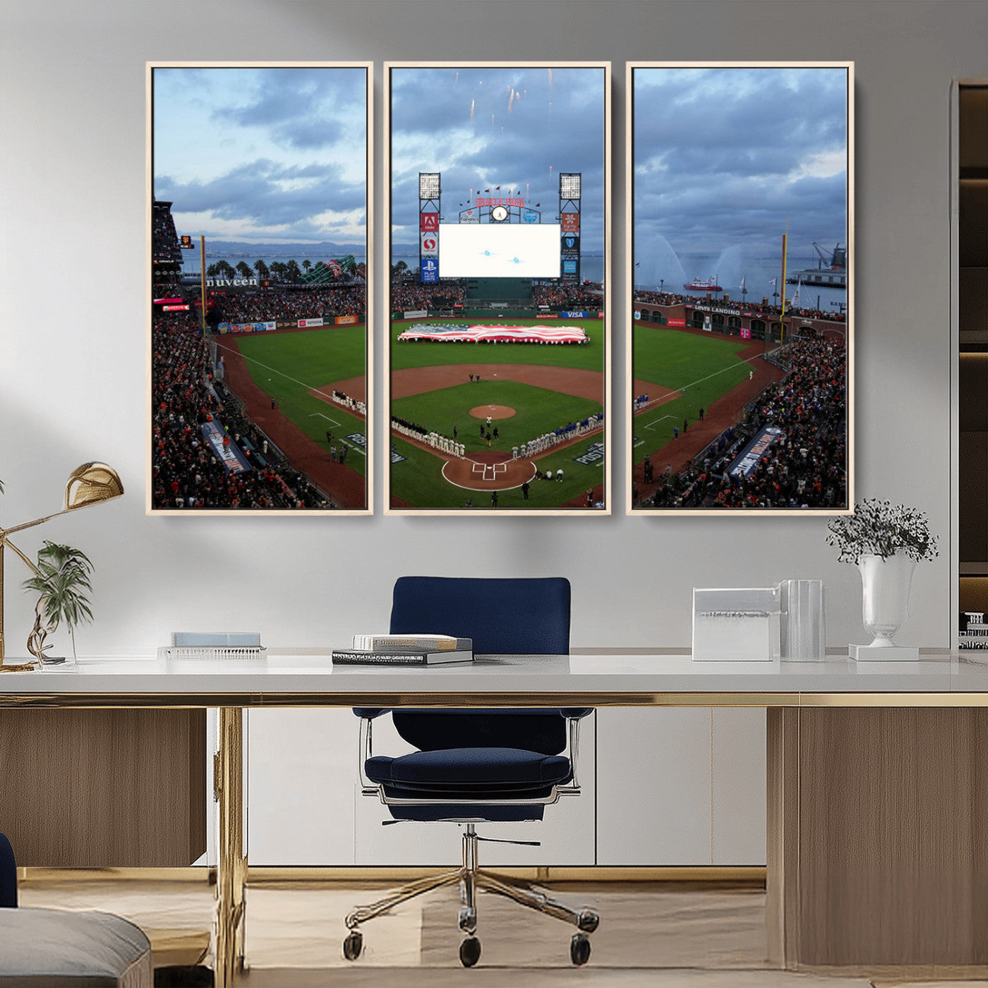 MGV-FC-48X32-3P - Oracle Park San Francisco Giants Wall Art | 3-Panel Canvas Print of Oracle Park Stadium | Large Framed Baseball Wall Decor | Ready-to-Hang MLB Canvas Print