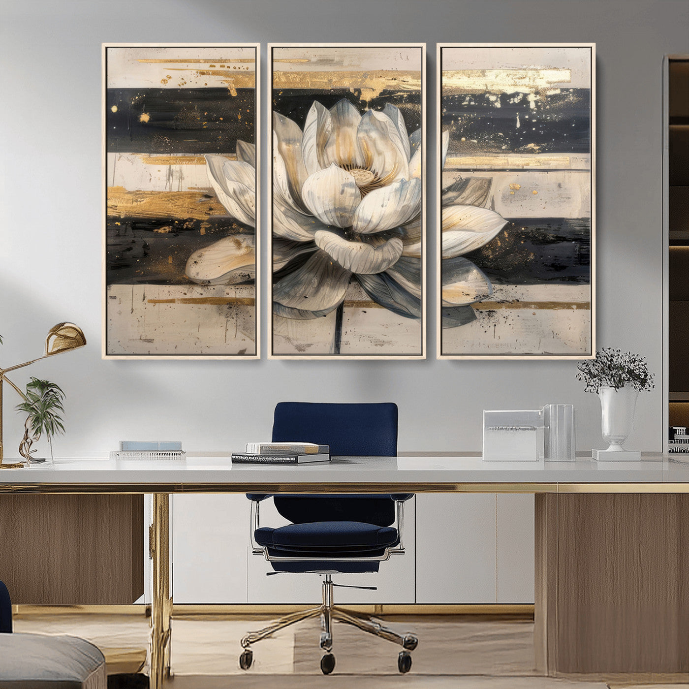 MGV-FC-48X32-3P - Lotus Flower Wall Art Canvas Print, Framed Abstract Lotus Art Picture Print, White Lotus Flower Perfect Abstract Floral Decor Artwork