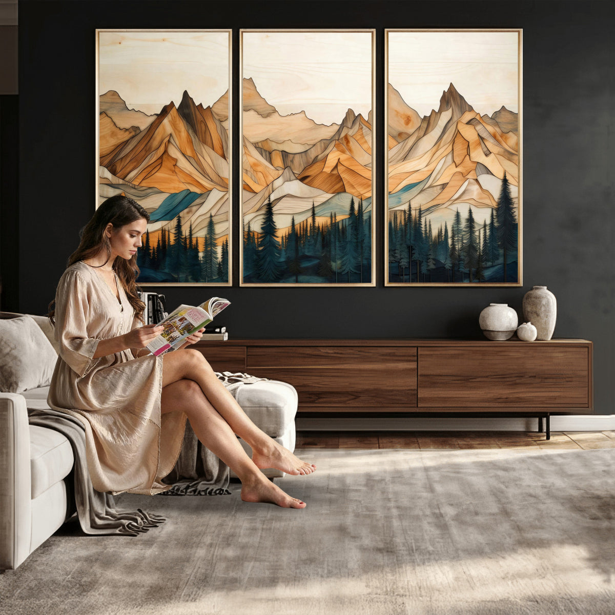 31576-MGV-CV-36X24 - Geometric Wood Mountain Landscape Wall Art Canvas Print, Rustic Forest Painting Print