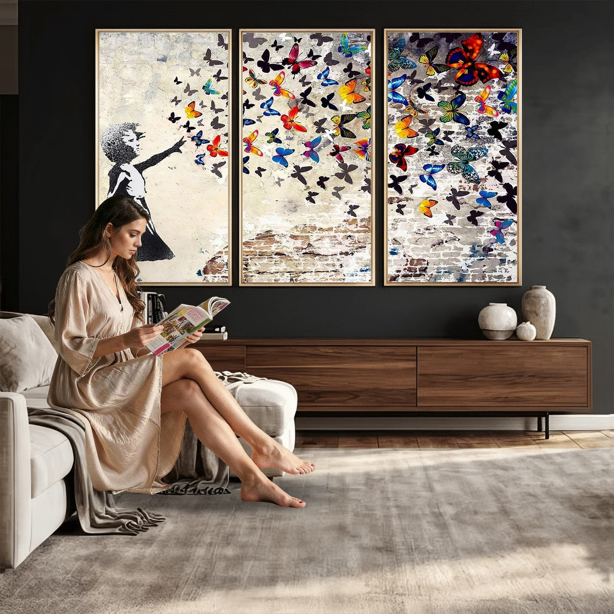 97895-MGV-CV-24X16 - Banksy Graffiti Wall Art Canvas Print, Girl Releasing Vibrant Butterflies
