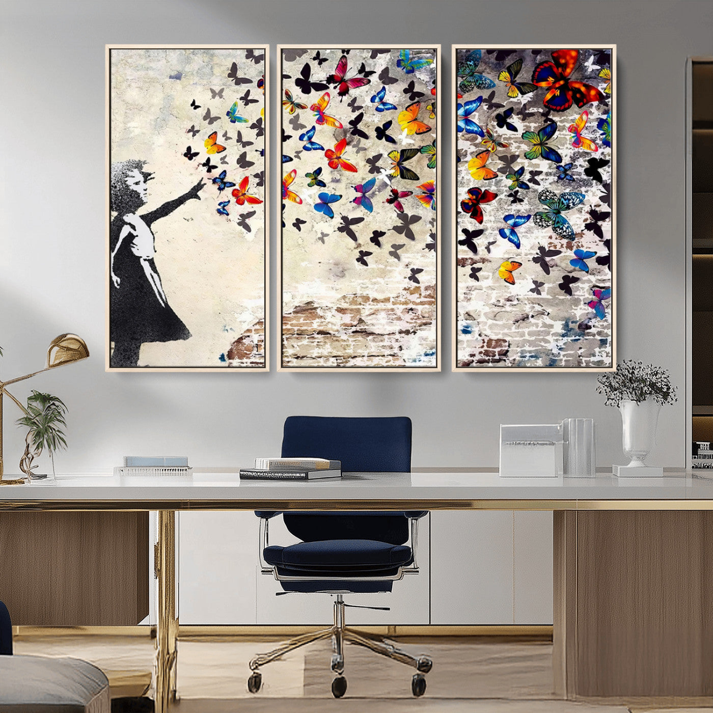 MGV-FC-48X32-3P - Banksy Graffiti Wall Art Canvas Print: Girl Releasing Vibrant Butterflies – Ready to Hang