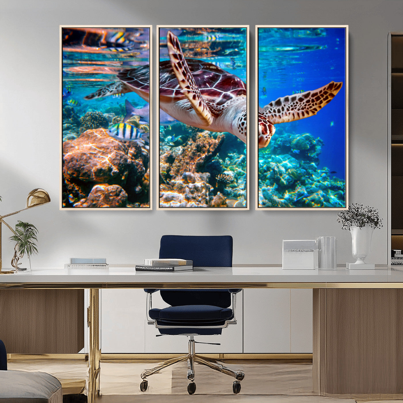 MGV-FC-48X32-3P - Underwater Coral Reef Sea Turtle Wall Art Canvas Print, Vibrant Marine Life | Colorful Ocean Scene