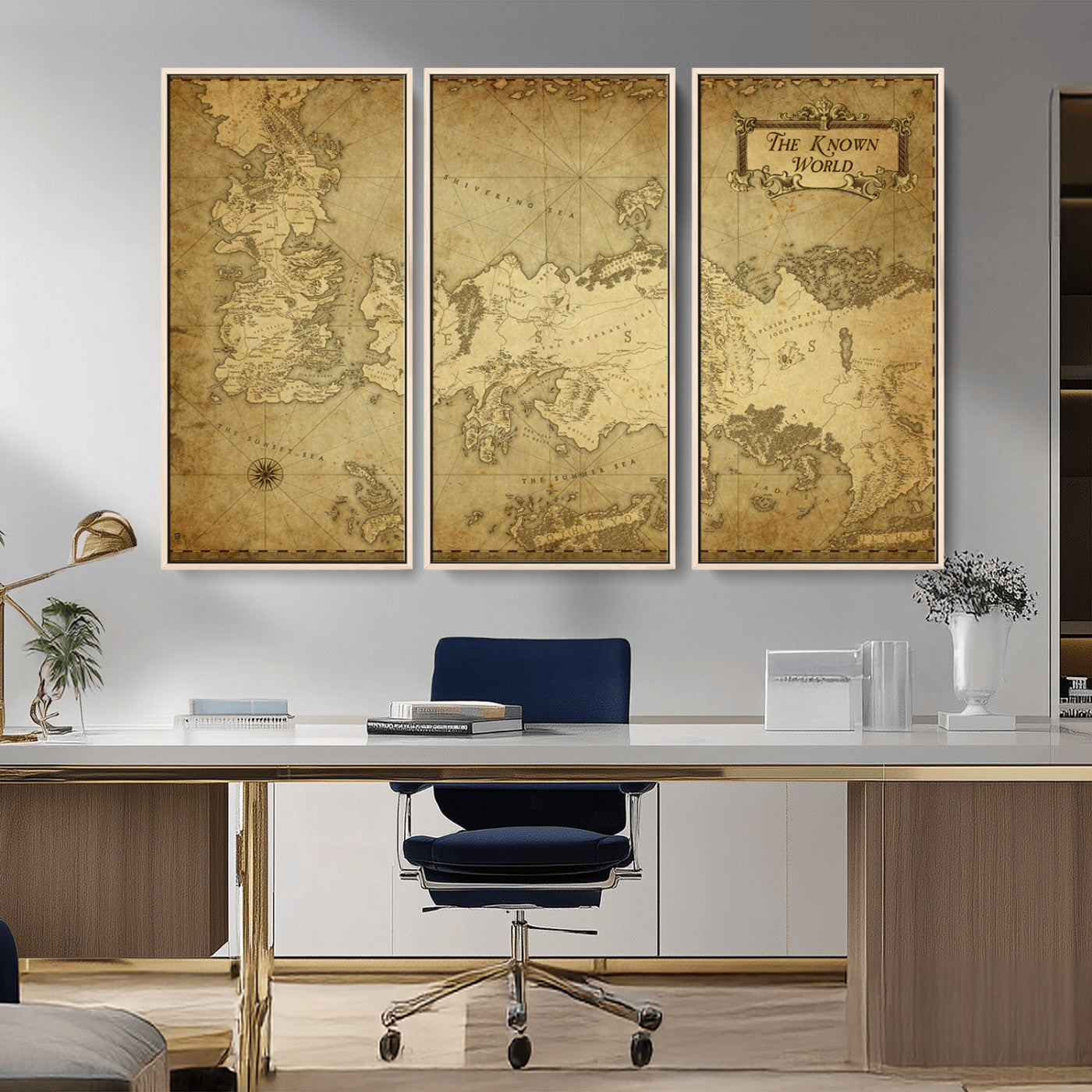 MGV-FC-48X32-3P - Vintage Game of Thrones Map Wall Art | Westeros and Essos Antique Style Print | The Known World in Triptych Canvas | Giclee Canvas for Fantasy Lovers