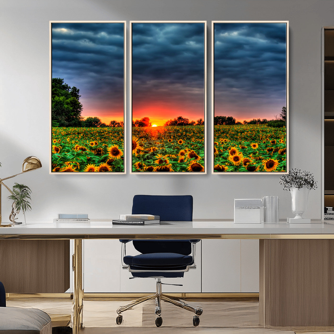 MGV-FC-48X32-3P - Golden Sunflower Field at Sunset – Breathtaking Sky and Vibrant Flowers, Ready to Hang Wall Art