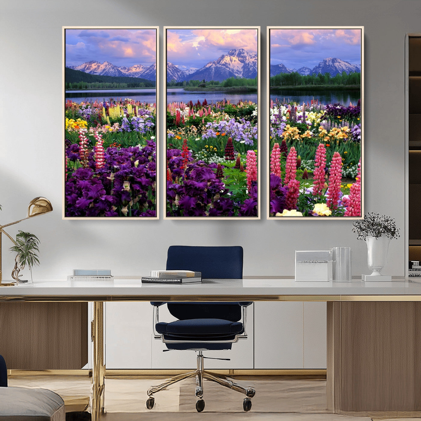 MGV-FC-48X32-3P - Vibrant Wildflower Garden and Mountain View Giclee Canvas Print | Floral Wall Art for Living Room