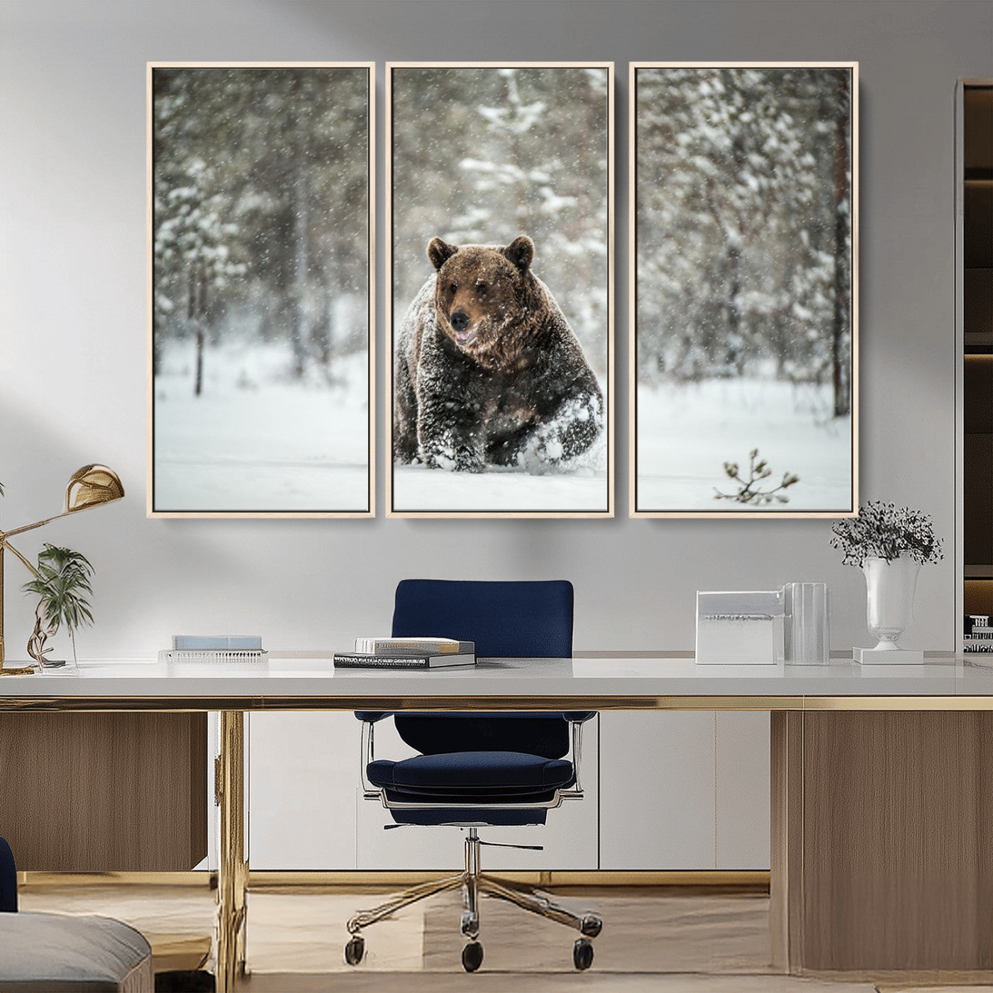 A majestic brown bear moves through a snowy forest landscape, surrounded by falling snowflakes, capturing the essence of wildlife in winter.