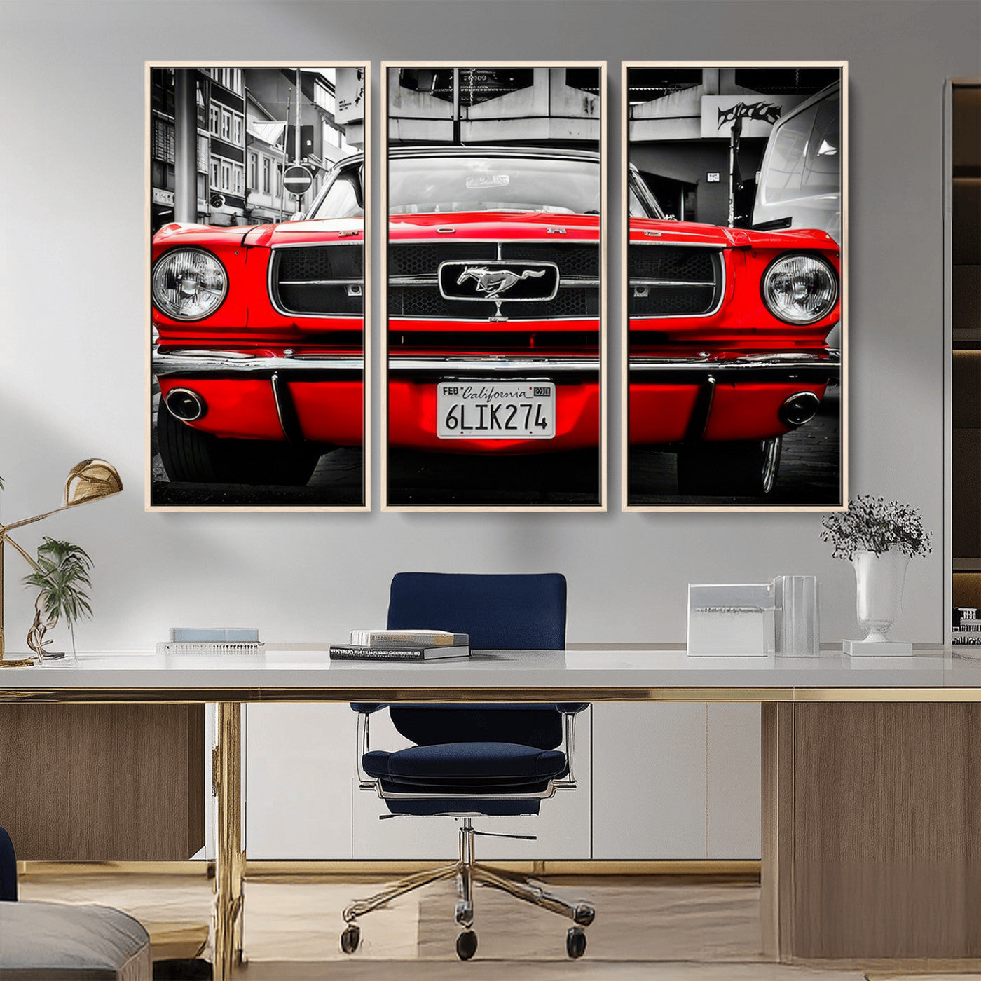 Front view of a bold red 1960s Ford Mustang parked in an urban environment, captured in dramatic contrast with a black-and-white city backdrop, emphasizing its timeless American muscle car identity.
