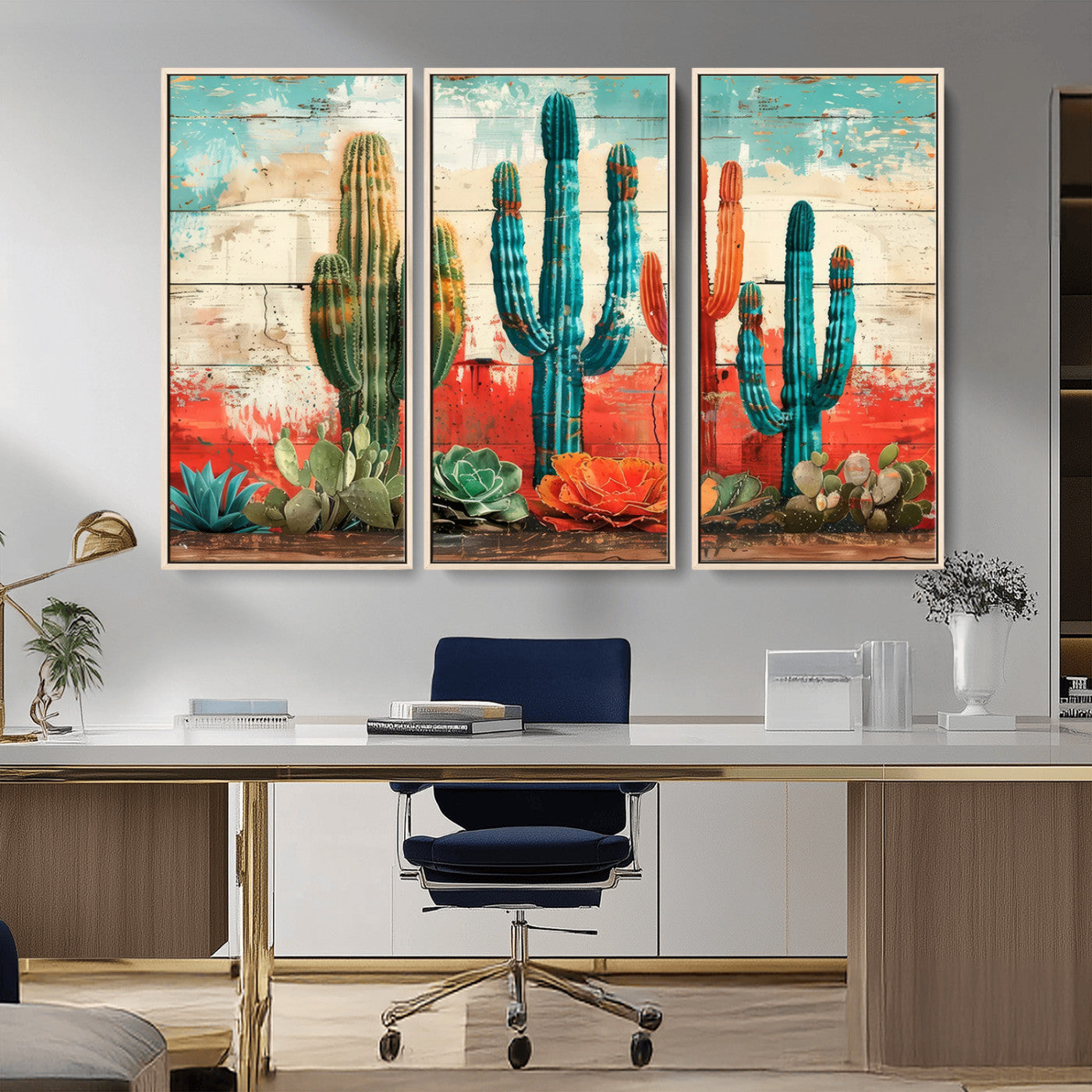 A vivid southwestern-style artwork featuring an eclectic mix of cacti and succulents painted against a textured, rustic wood backdrop in rich turquoise, red, and orange hues.
