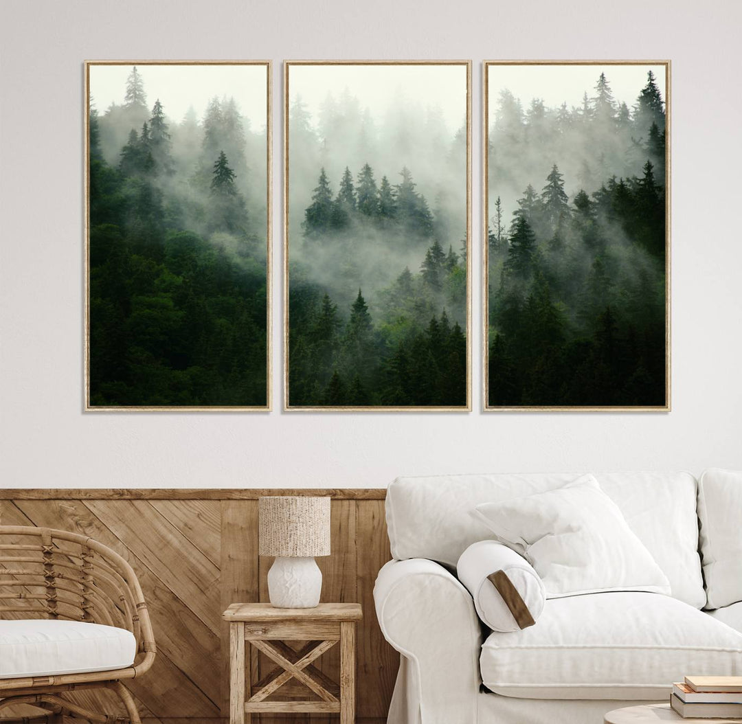 Misty Forest Mountain Wall Art: A 3-panel foggy landscape canvas print, ideal for enhancing home decor with natures beauty.