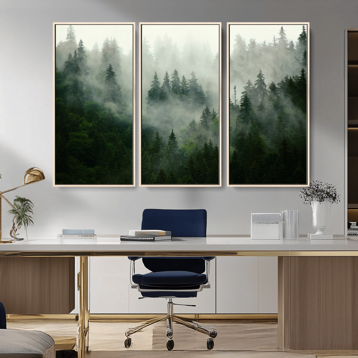 MGV-FC-48X32-3P - Misty Forest Wall Art Canvas Print - Foggy Forest Landscape Canvas Wall Art – Serene Triptych Nature