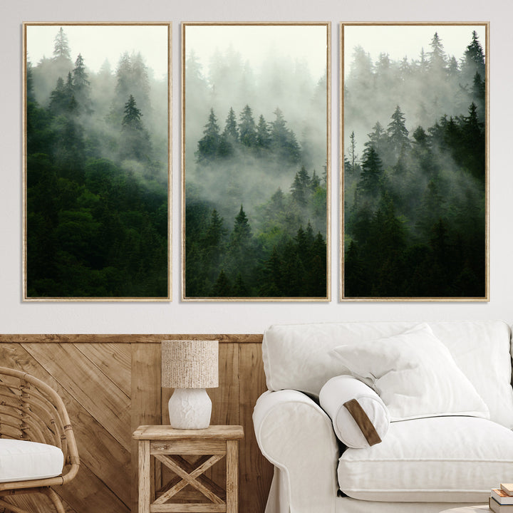 Misty Forest Wall Art Canvas Print - Foggy Forest Landscape Canvas Wall Art – Serene Triptych Nature Print – Woodland Landscape Decor