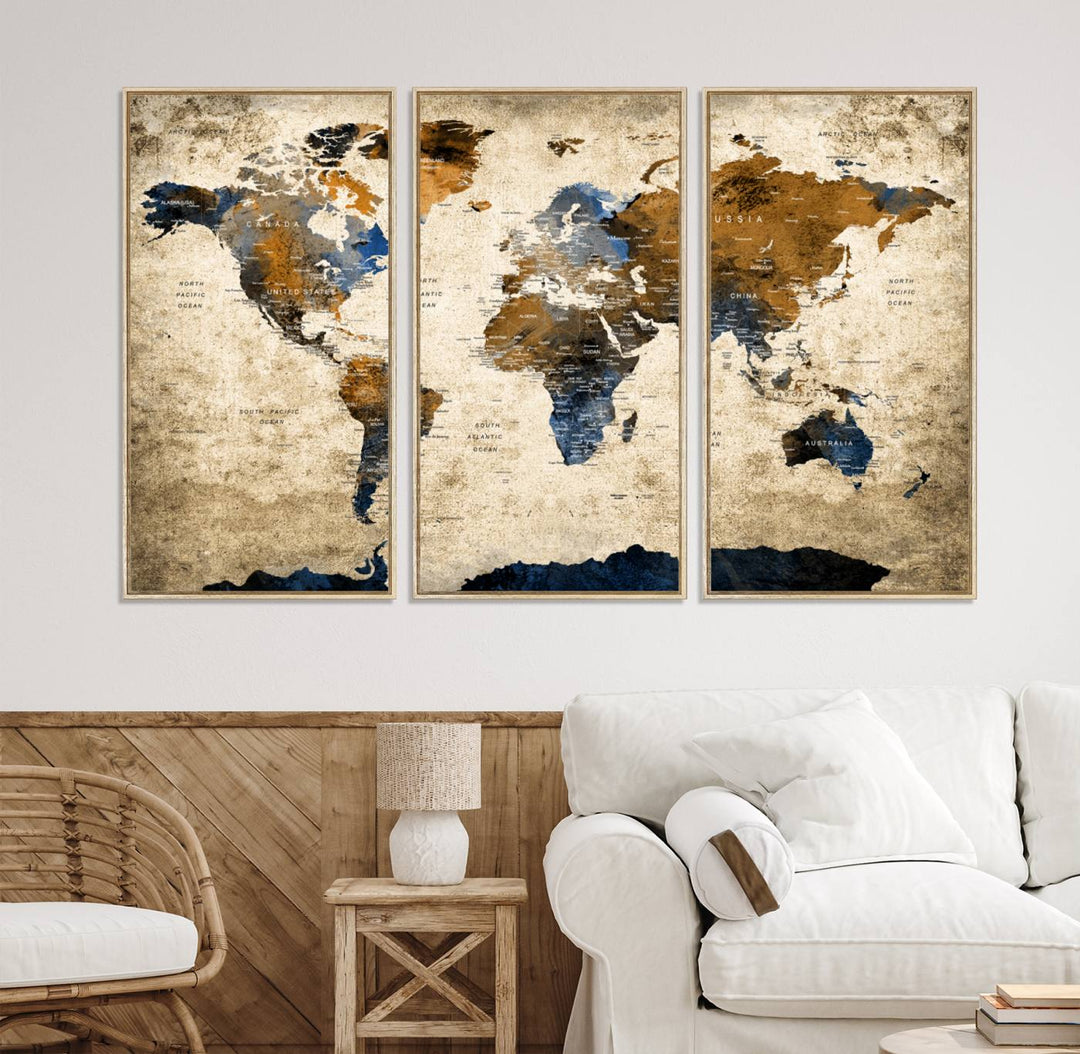 A Vintage World Map Canvas featuring brown, blue, and white on a textured background. Ideal for wall art in living rooms or offices.