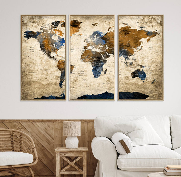 A Vintage World Map Canvas featuring brown, blue, and white on a textured background. Ideal for wall art in living rooms or offices.