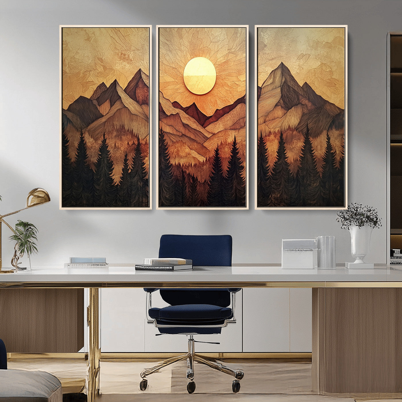 MGV-FC-48X32-3P - Wood Style Abstract Mountain Sunset Canvas Wall Art Print - Warm Earth Nature-Inspired Decor for