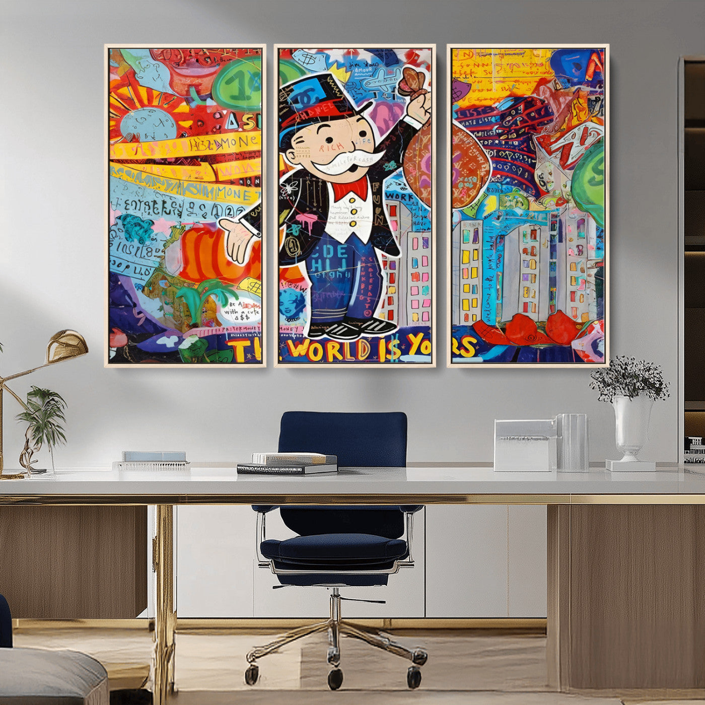 MGV-FC-48X32-3P - Pop Art Monopoly Man Canvas Wall Art Print - Bold and Colorful Street Art-Inspired Decor for Living