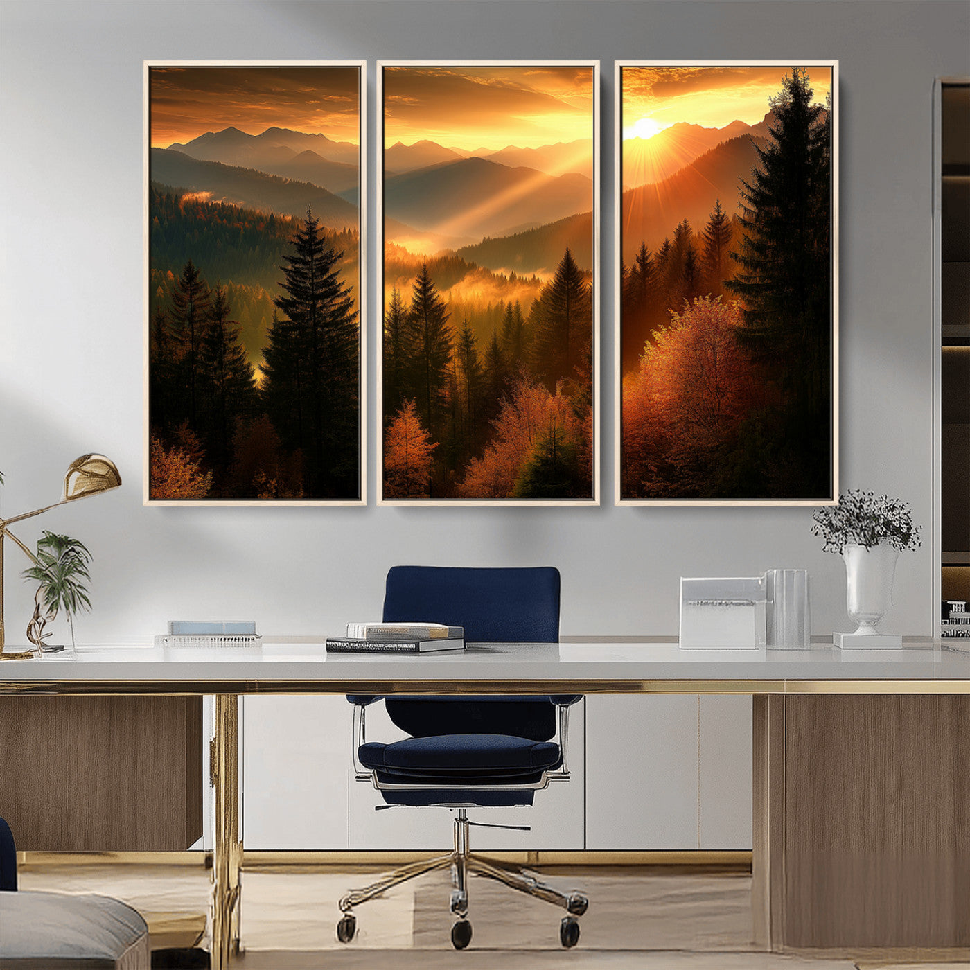 MGV-FC-48X32-3P - Golden Sunset Over Mountain Forest Canvas Wall Art Print - Warm Nature Landscape Print