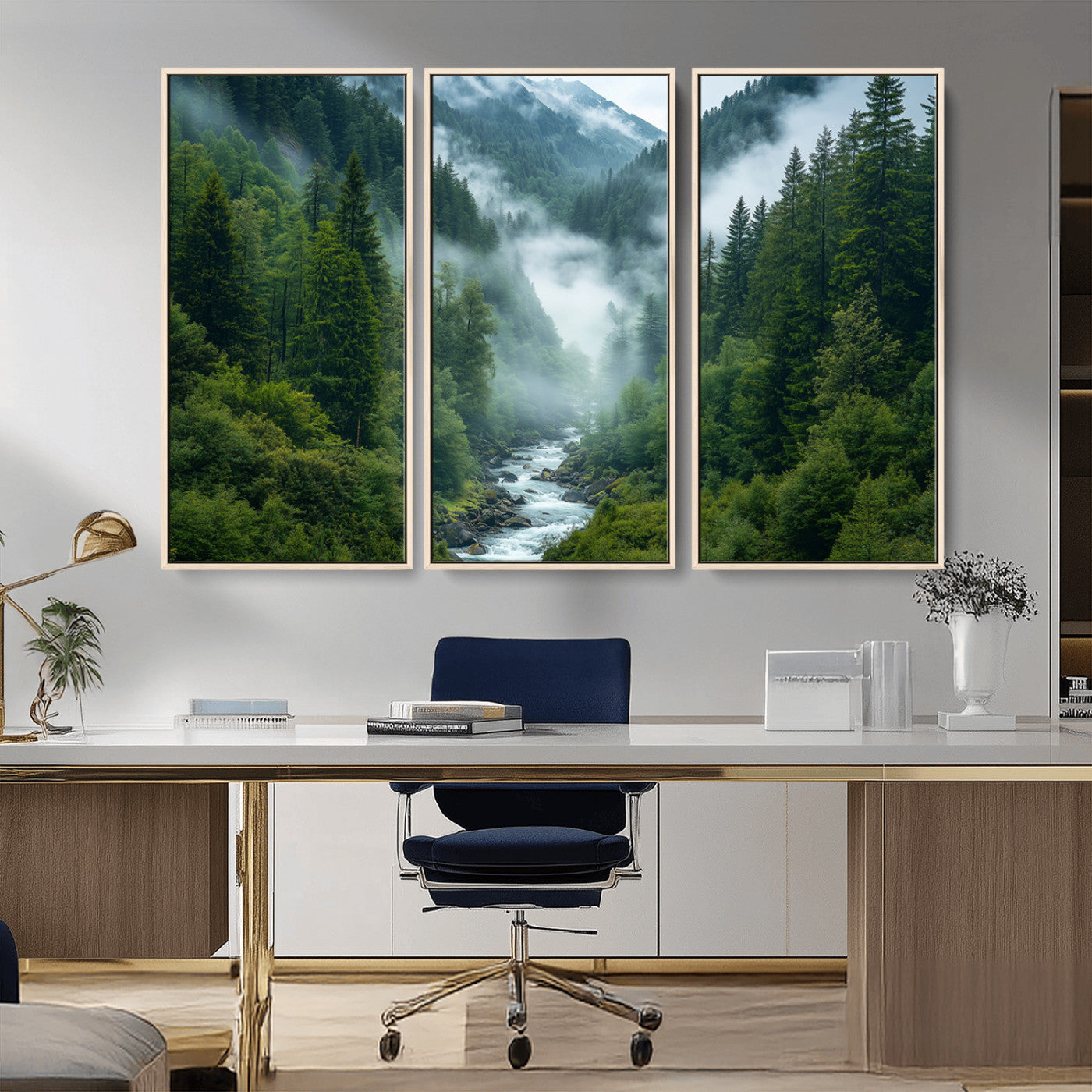 MGV-FC-48X32-3P - Mountain Forest River Canvas Wall Art Print - Serene Nature Landscape for Living Room, Office, or