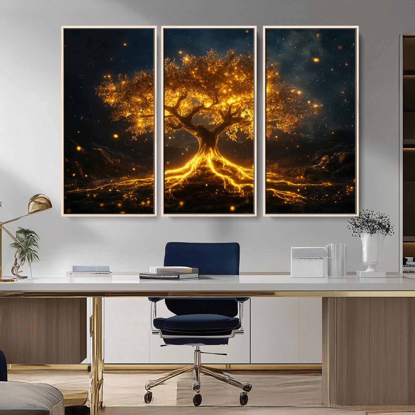 MGV-FC-48X32-3P - Golden Tree of Life Canvas Wall Art Print - Majestic Glowing Tree Design for Living Room, Office, or
