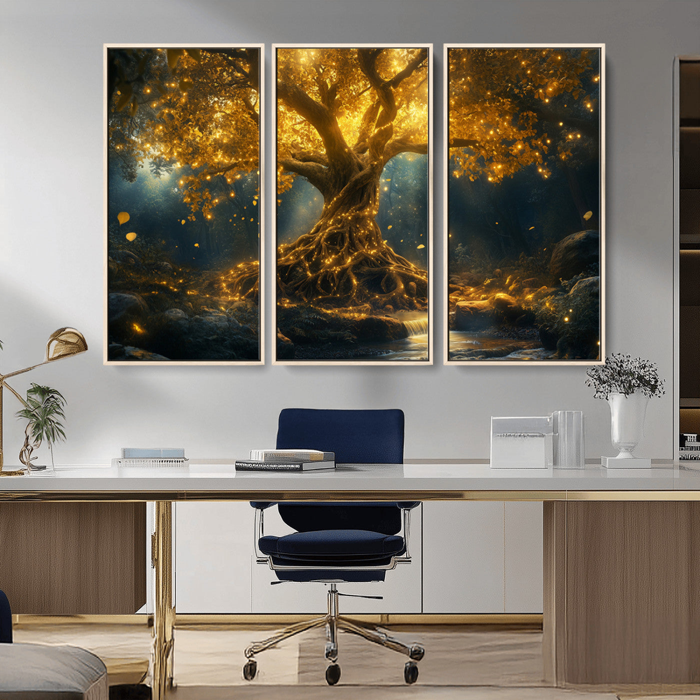 MGV-FC-48X32-3P - Golden Tree of Life Canvas Wall Art Print - Majestic Glowing Tree Wall Art Print