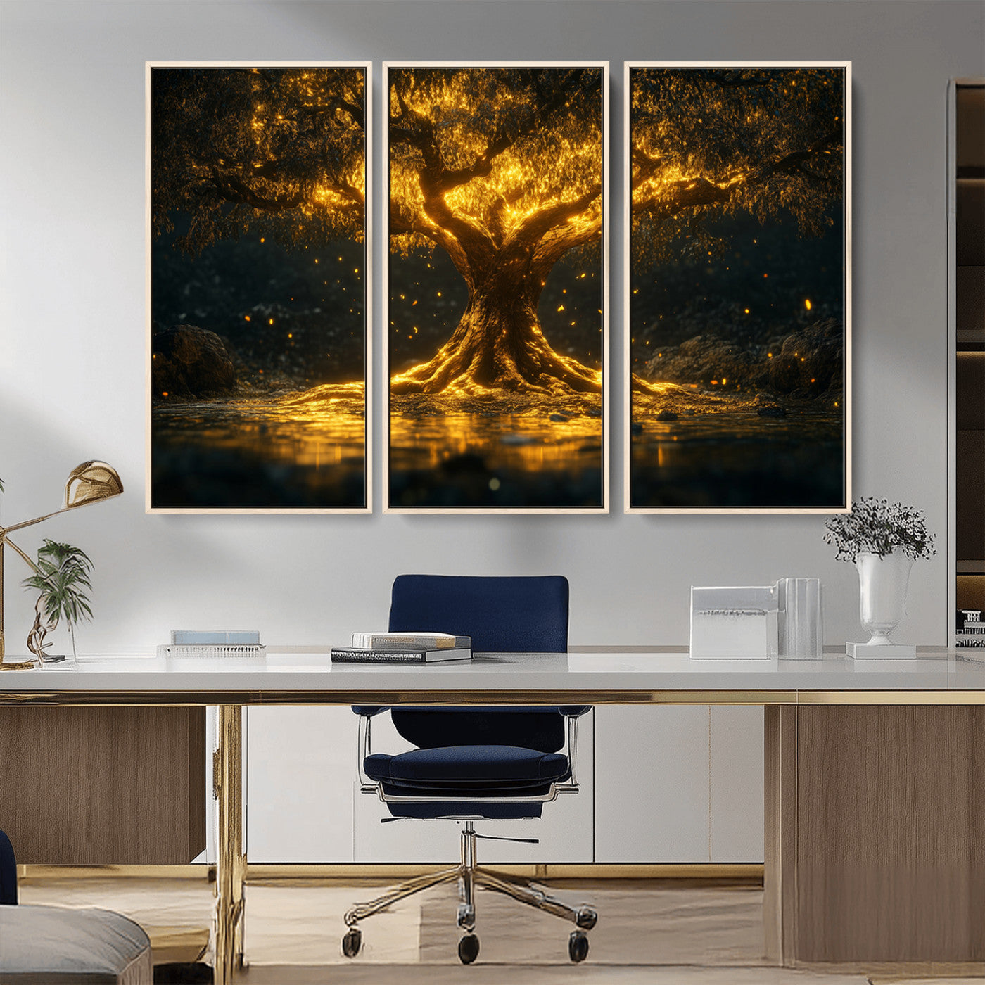 MGV-FC-48X32-3P - Golden Tree of Life Canvas Wall Art Print - Majestic Glowing Tree Wall Art Print
