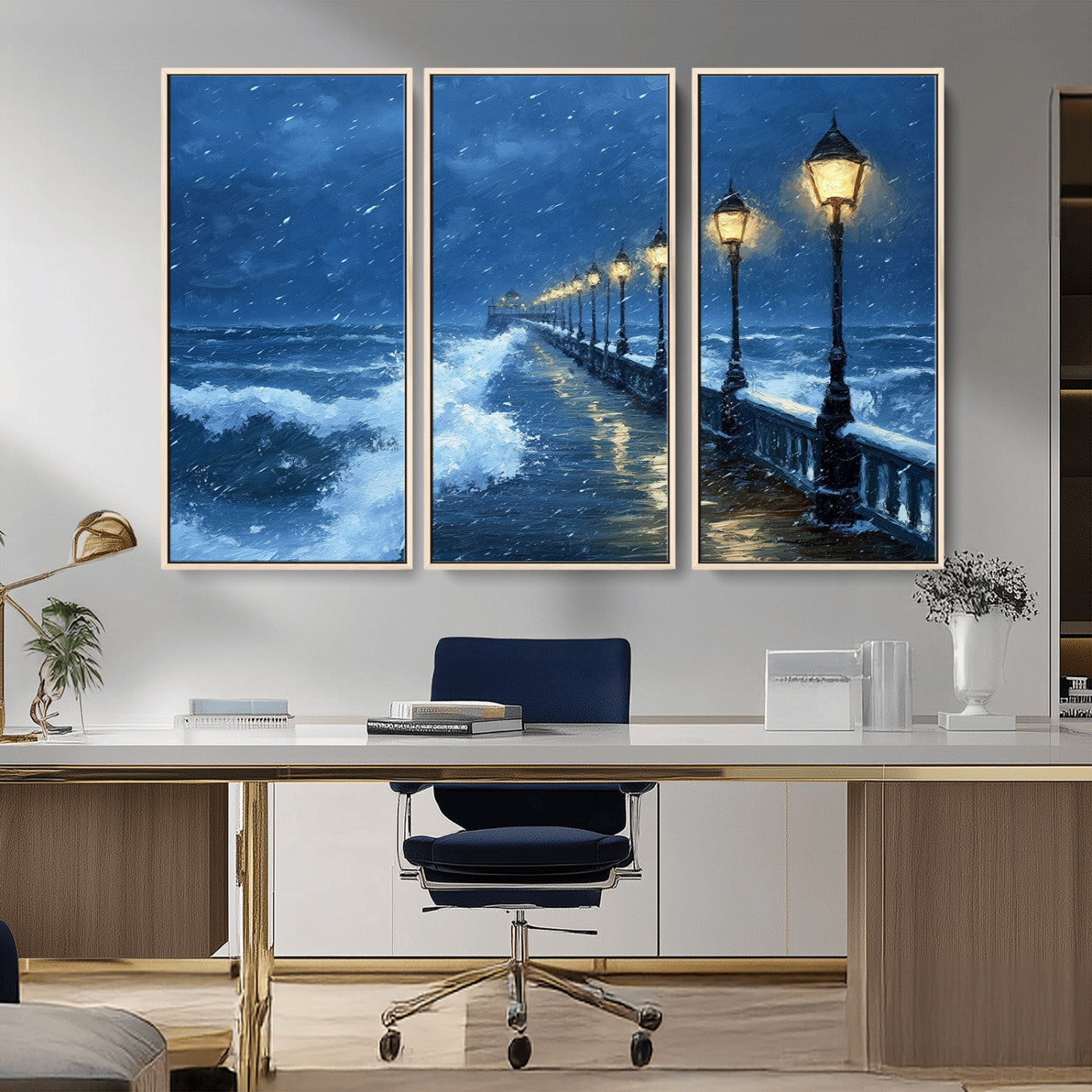 MGV-FC-48X32-3P - Stormy Ocean Pier Lights Canvas Wall Art Print - Large Moody Night Scene for Living Room, or Office,