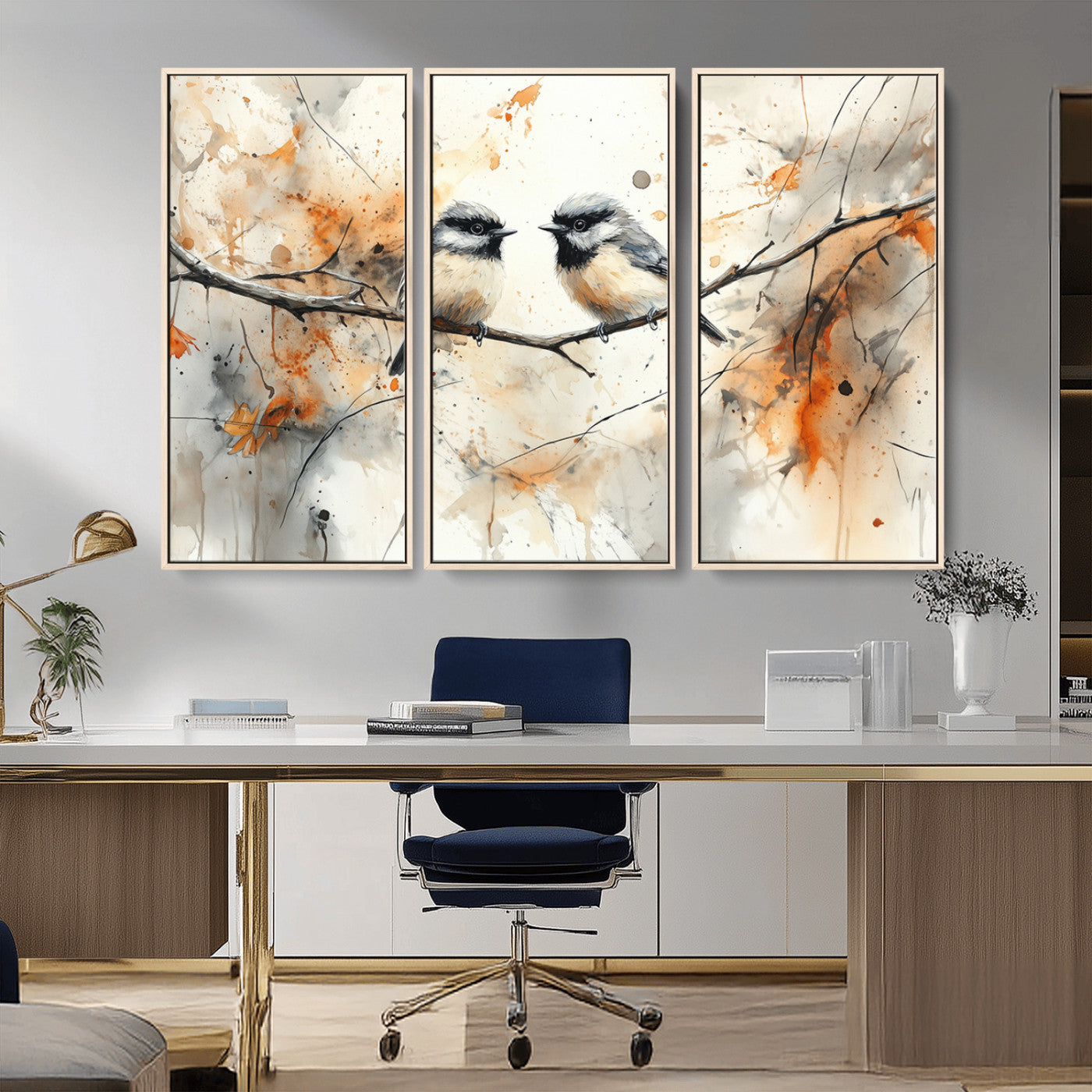 A soft and elegant watercolor painting of two chickadees perched on a delicate branch, surrounded by splashes of orange and neutral tones evoking a calm autumn day.