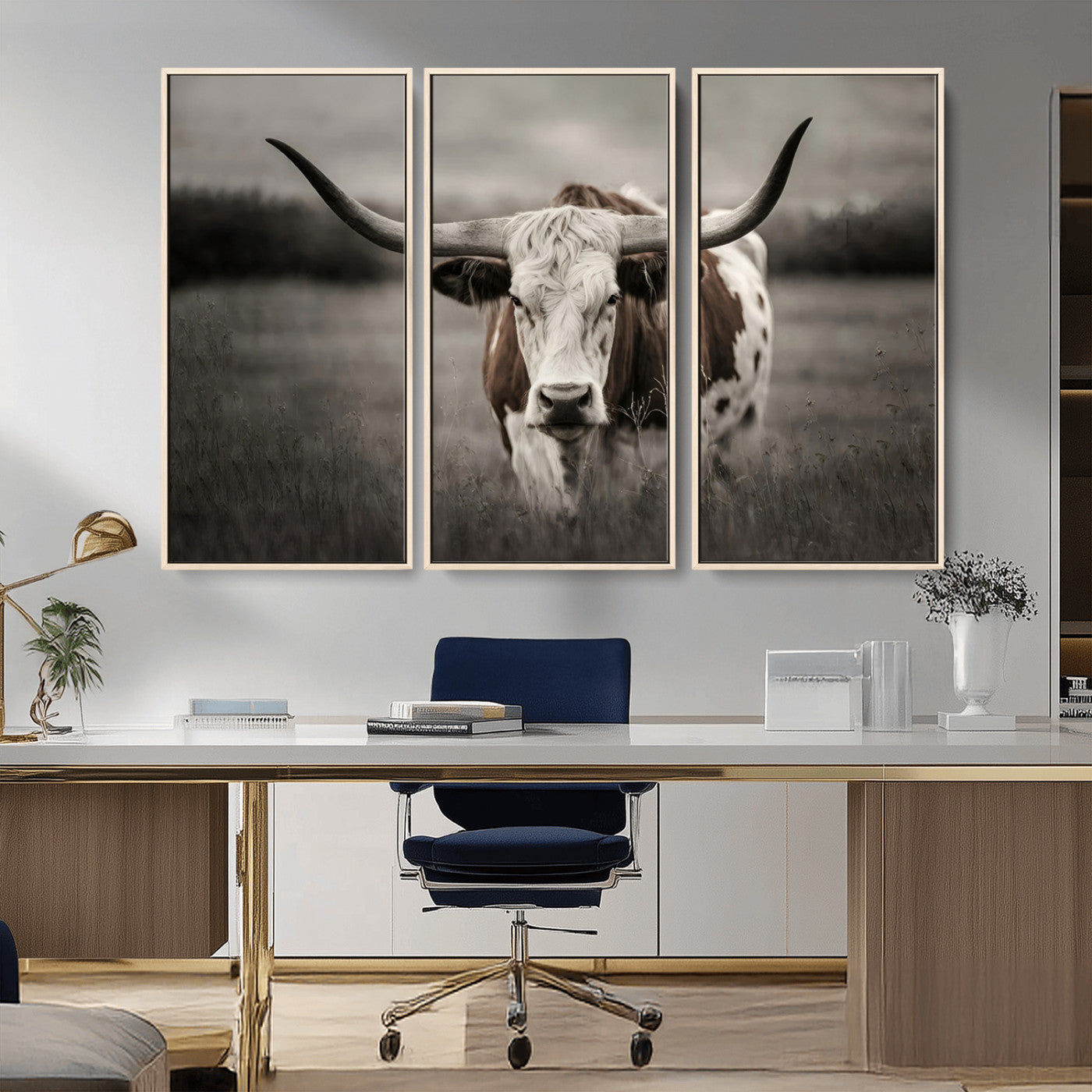 MGV-FC-48X32-3P - Texas Longhorn Cow Canvas Wall Art Print - Large Rustic Longhorn Art for Living Room, Western Wall