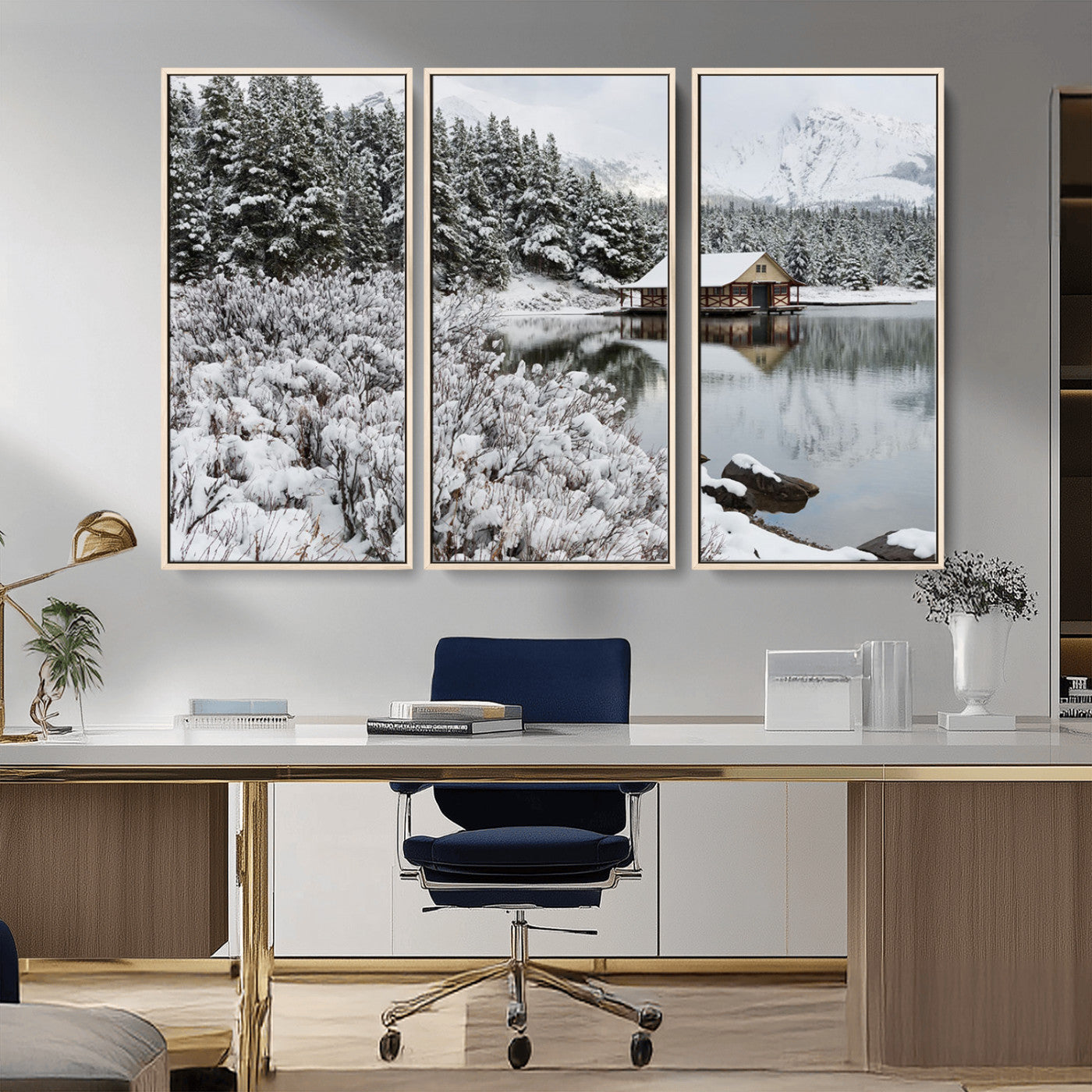 MGV-FC-48X32-3P - Winter Wall Art - Cabin by the Lake Canvas Wall Art - Serene Snowy Landscape with Mountain View,