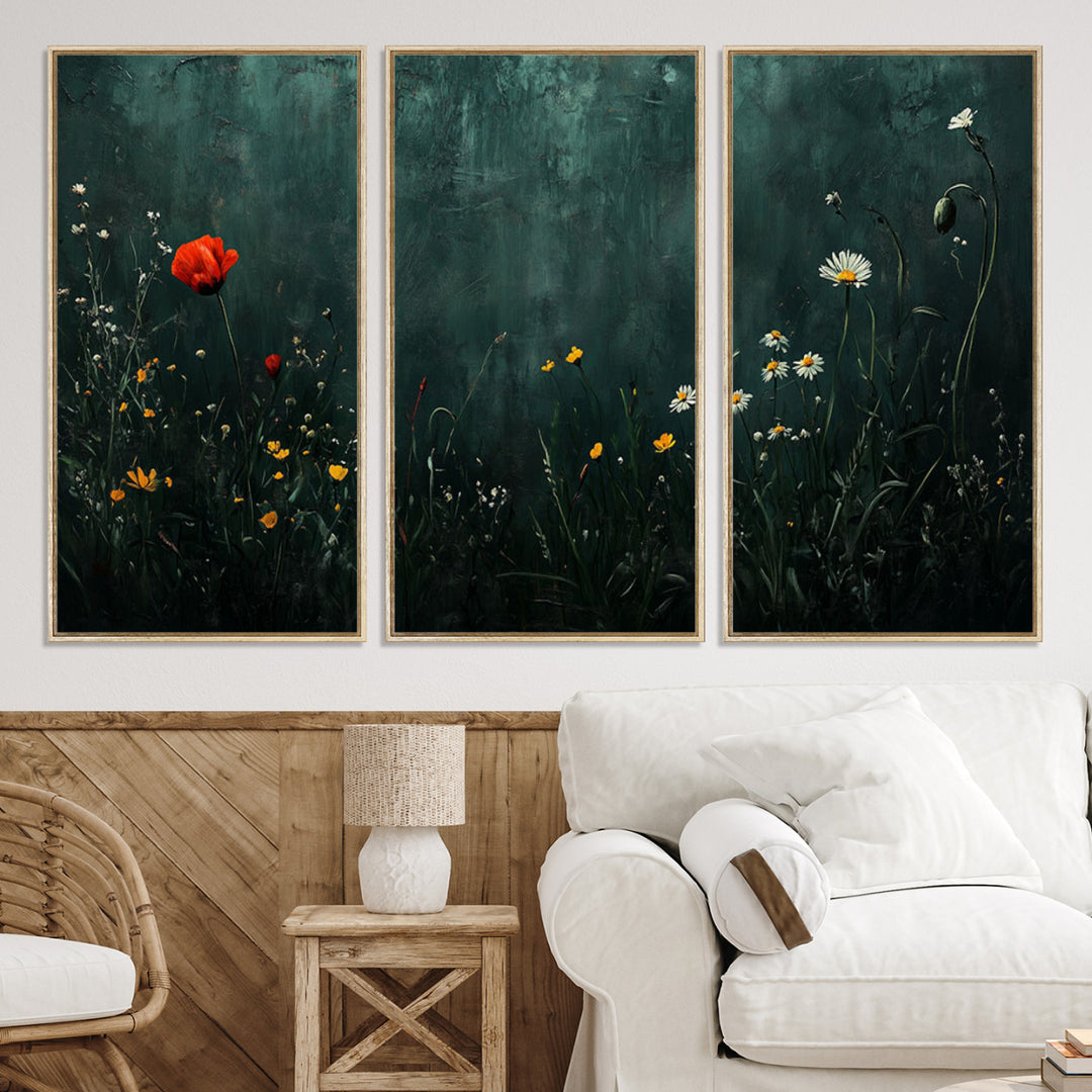 Wildflower Field Framed Wall Art, Vintage Botanical Landscape Sign, Botanical Wall Art, Modern Farmhouse Canvas Art, Field Of Flowers Canvas Print
