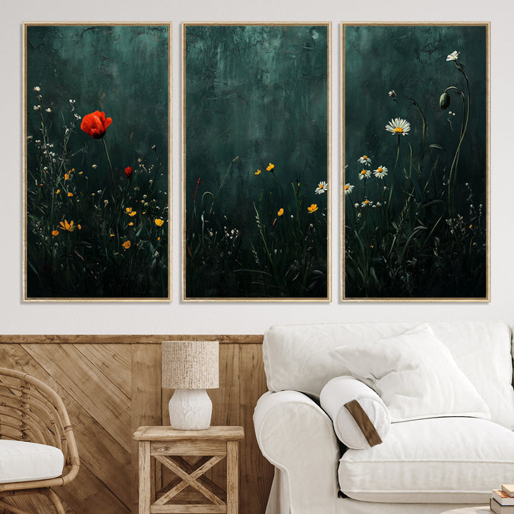 Wildflower Field Framed Wall Art, Vintage Botanical Landscape Sign, Botanical Wall Art, Modern Farmhouse Canvas Art, Field Of Flowers Canvas Print