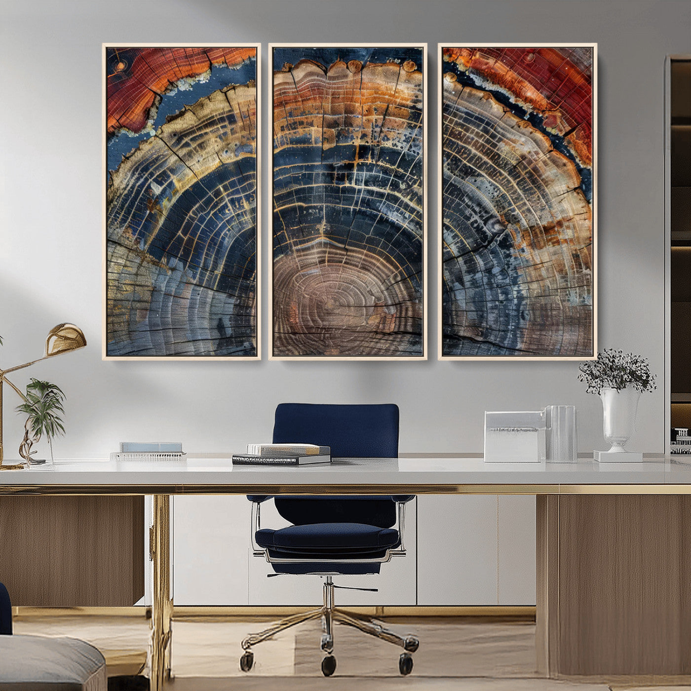 MGV-FC-48X32-3P - Abstract Tree Ring Wall Art, Colorful Framed Tree Ring Wall Decor, Minimalist Home Canvas Art,