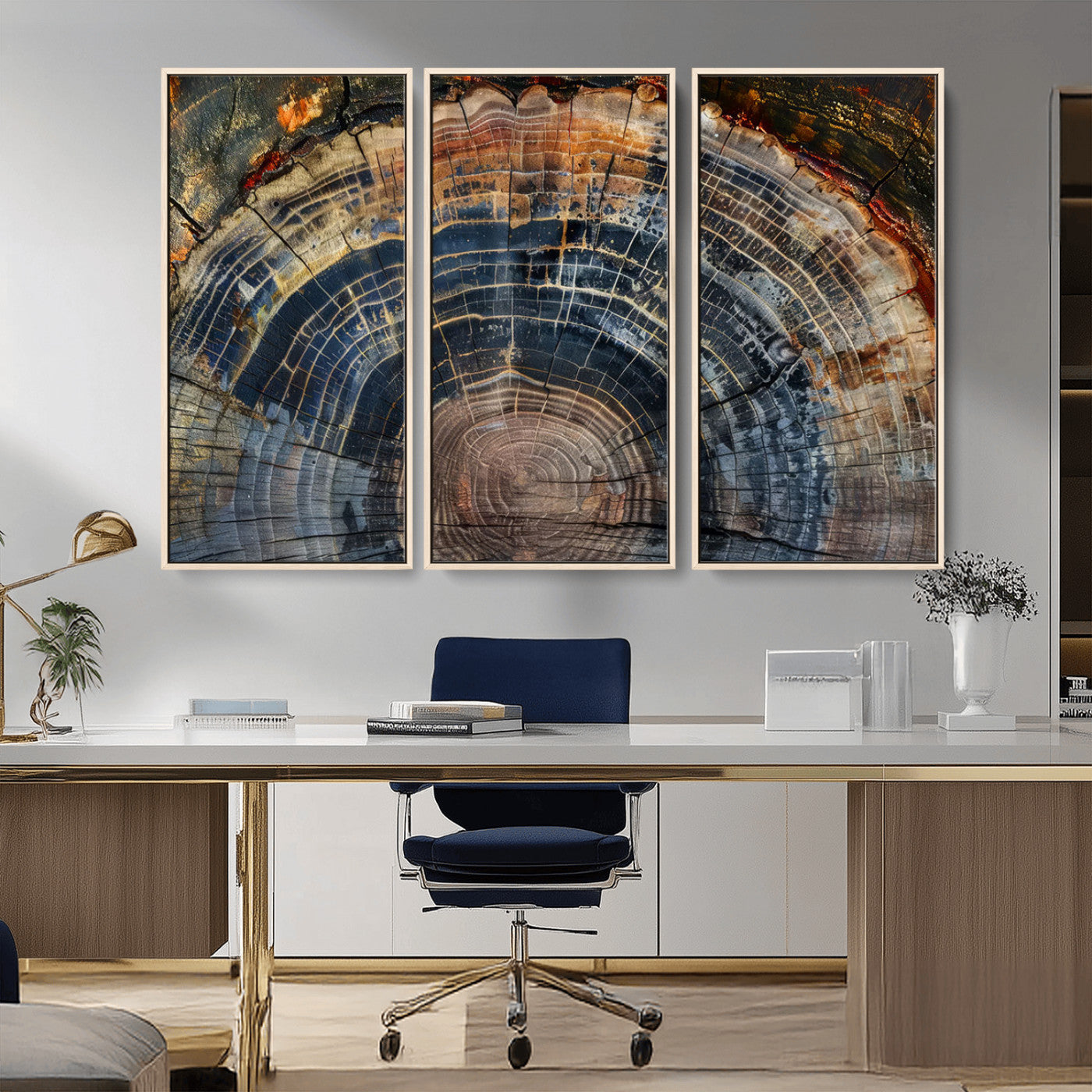 MGV-FC-48X32-3P - Framed Tree Ring Wall Art - Abstract Colorful Tree Ring Wall Decor, Minimalist Home Canvas Art,