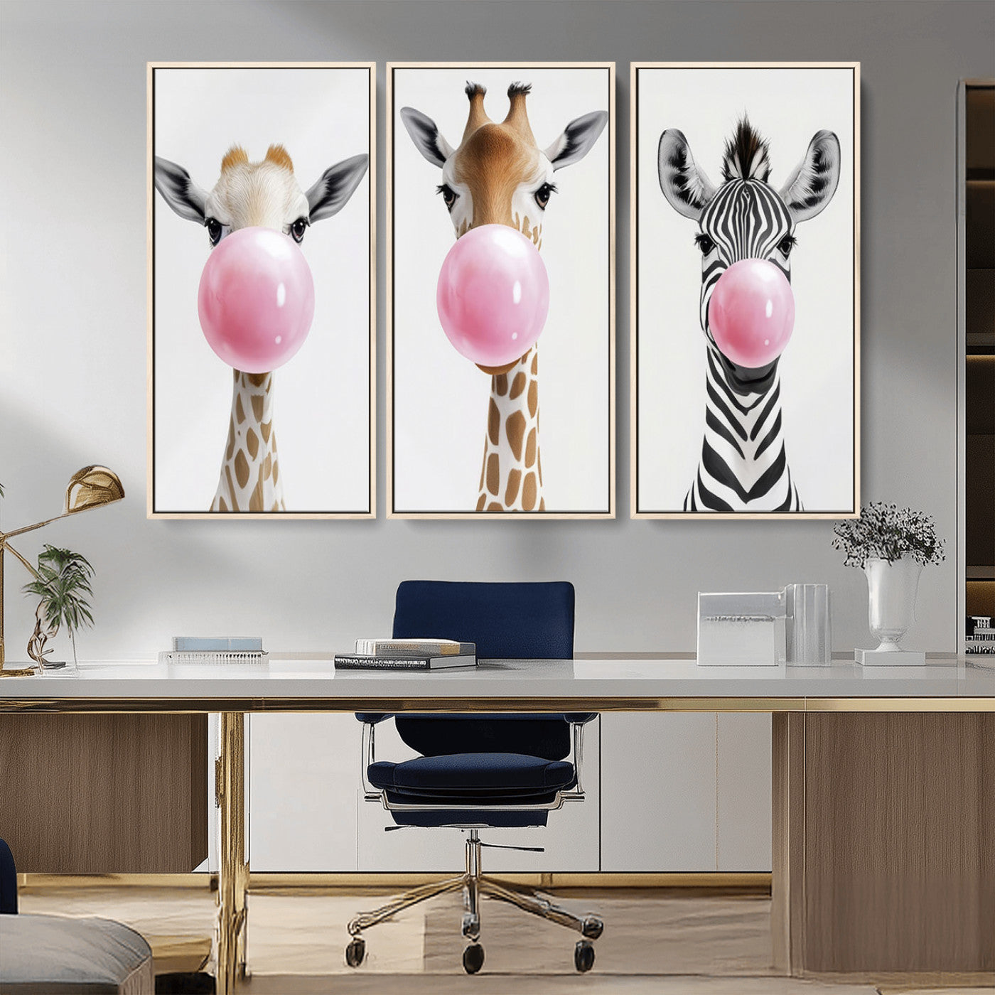 MGV-FC-48X32-3P - Bubblegum Animals Canvas Wall Art - Playful Giraffe and Zebra Trio, Fun Nursery Decor for Kids'