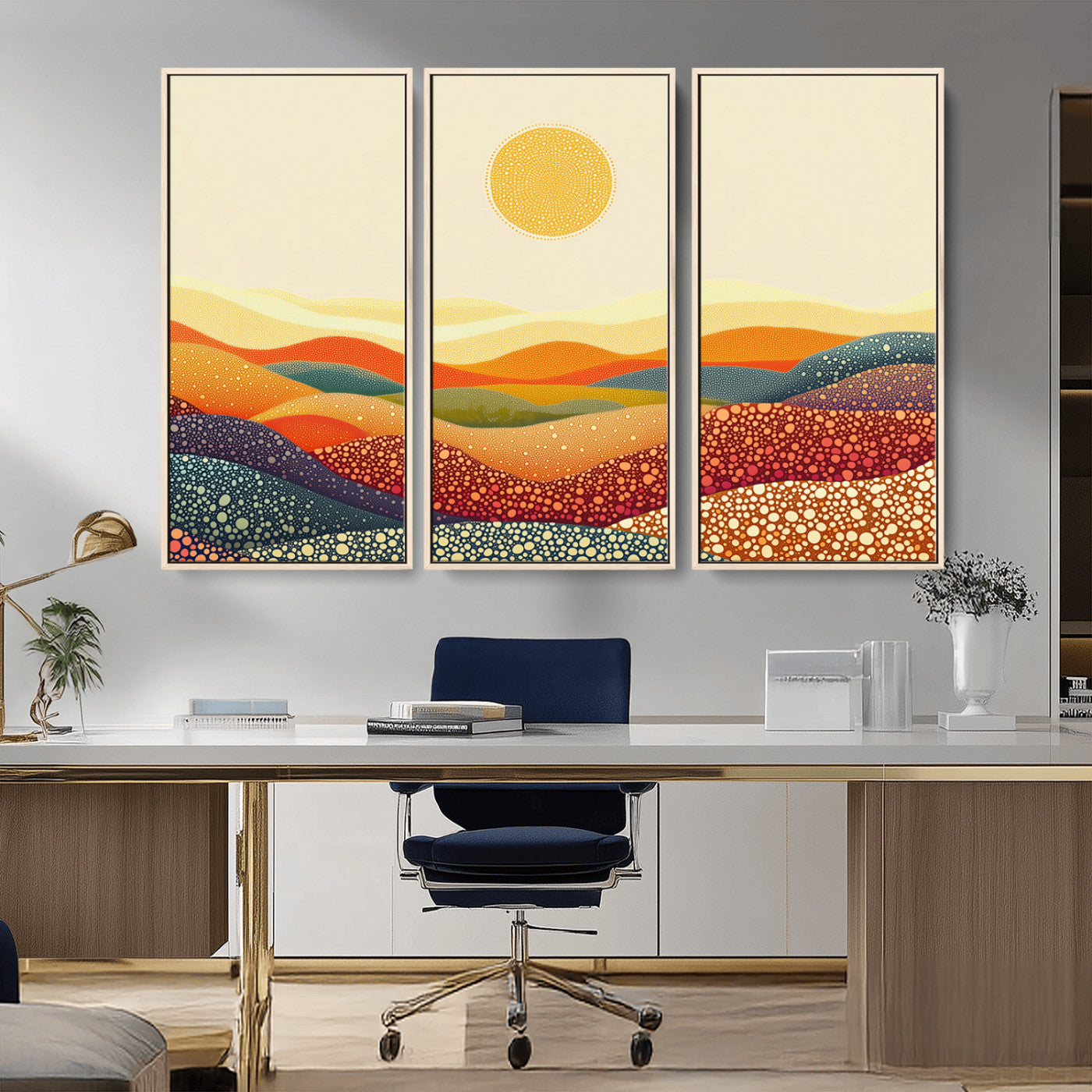MGV-FC-48X32-3P - YAYOI KUSAMA Colorful Dot Art Landscape Canvas - Framed Abstract Pointillism Inspired by Nature with