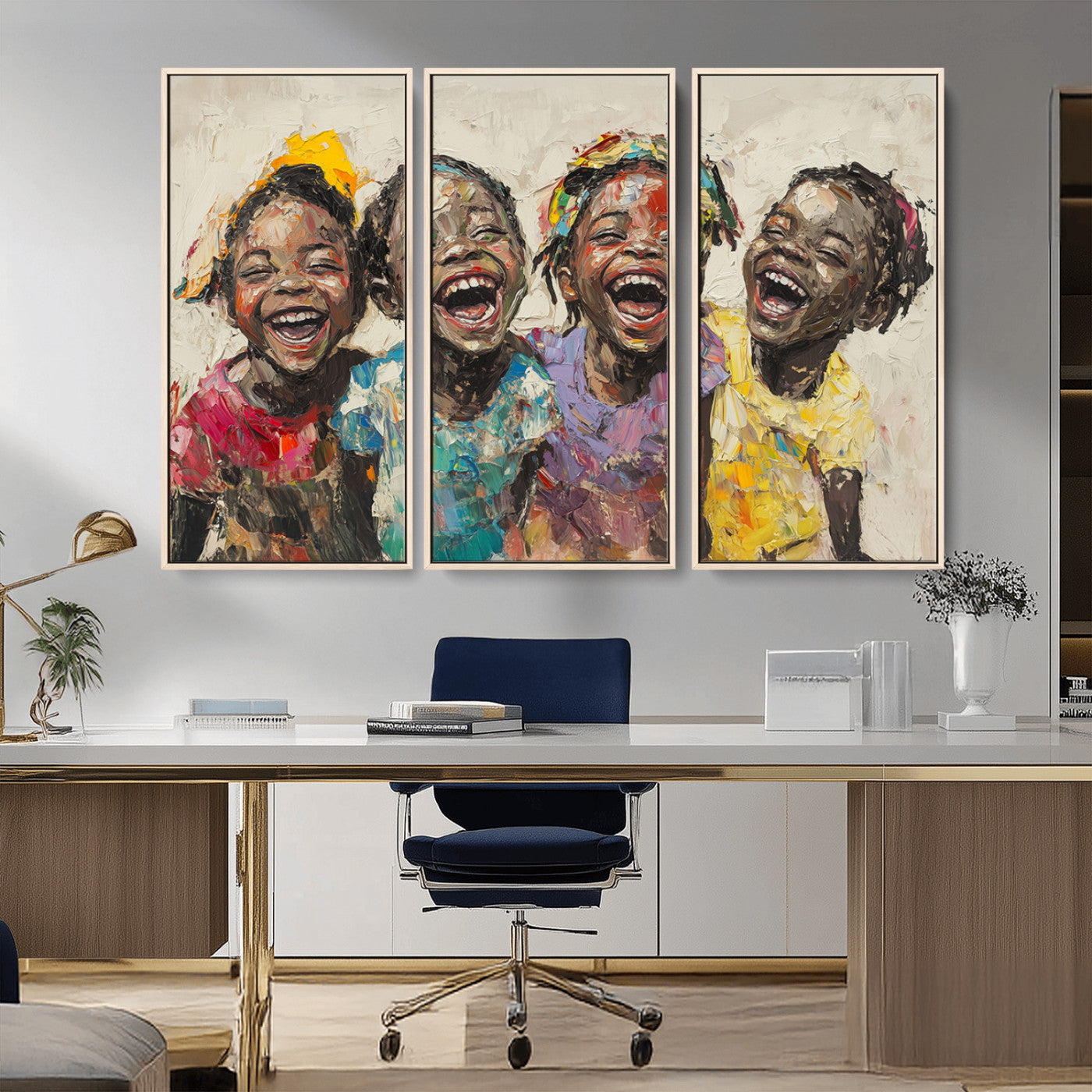 MGV-FC-48X32-3P - Shai Yossef style Joyful Childhood Canvas Wall Art - Expressive Impasto Painting of Black Children