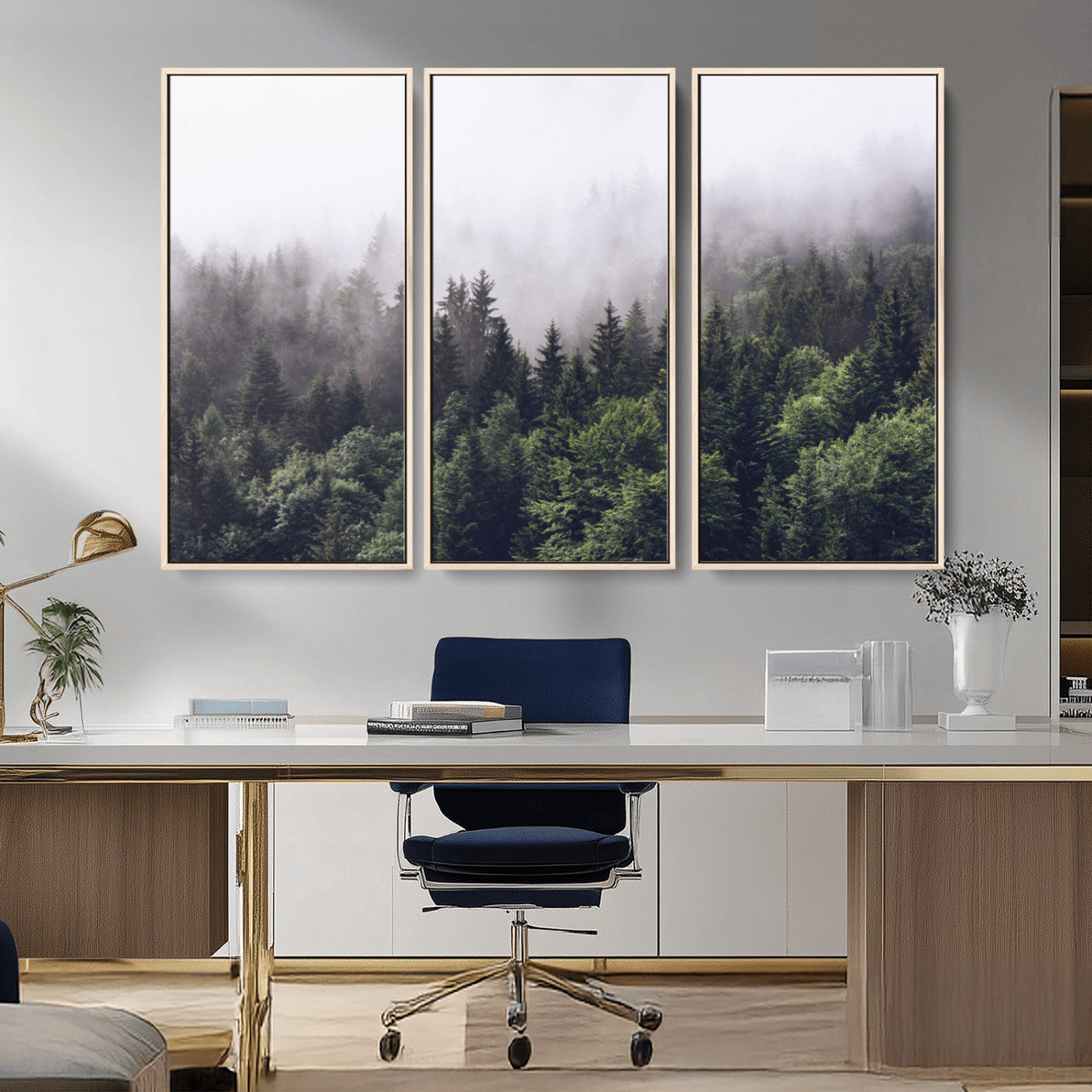 MGV-FC-48X32-3P - Misty Forest Wall Art | Foggy Forest Canvas Print | Large Nature-Inspired Misty Tree Landscape for