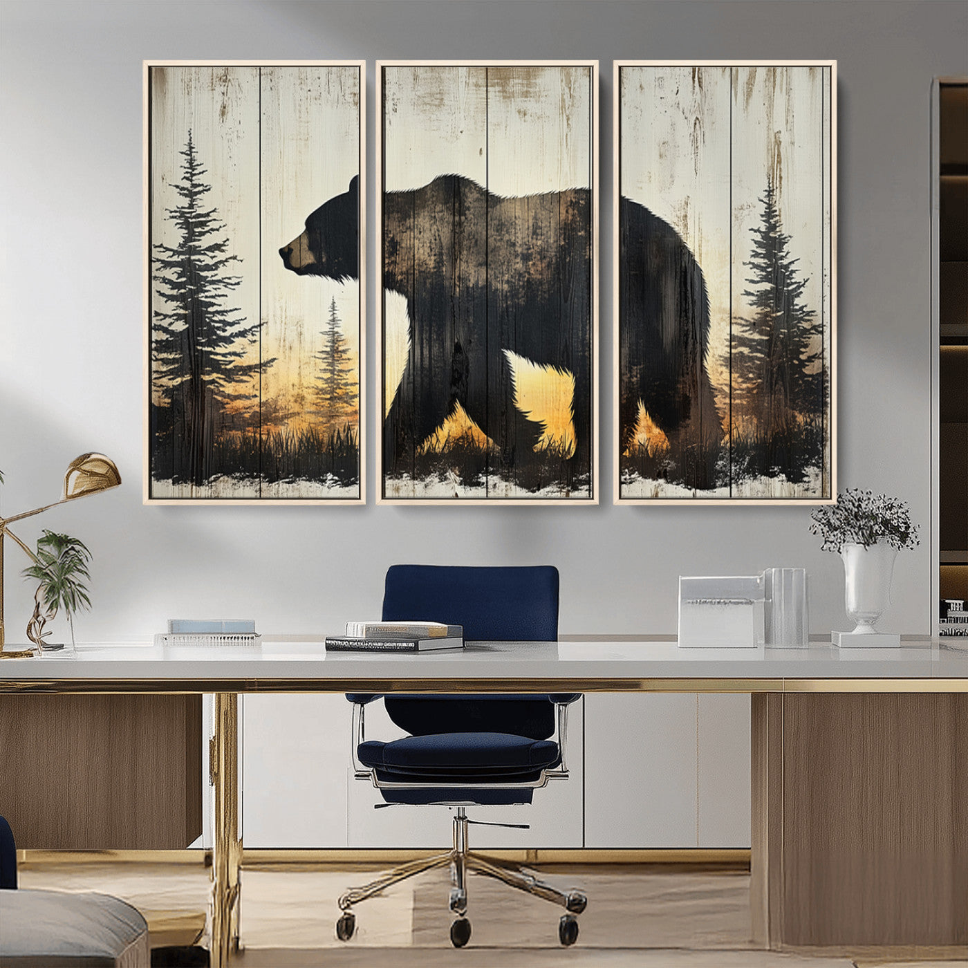 83875-MGV-CV-36X24-Vintage Bear Wall Art Canvas Print for Farmhouse - Mountain Wood Canvas Wall Art - Forest Silhouette