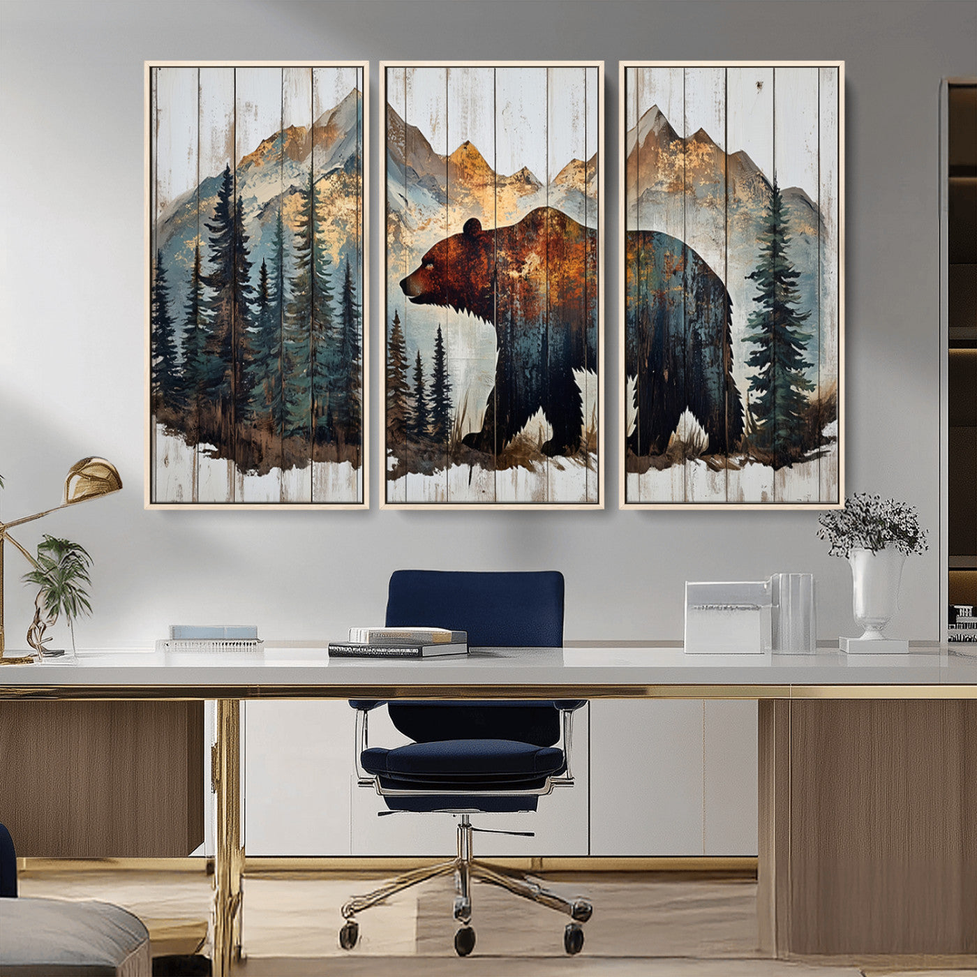 55777-MGV-CV-36X24-Rustic Grizzly 399 Bear and Mountain Wood Canvas Wall Art - Framed Nature Artwork with Forest