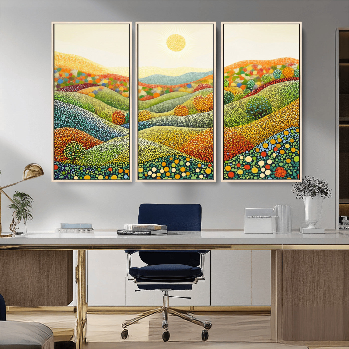 MGV-FC-48X32-3P - YAYOI KUSAMA Colorful Dot Art Landscape Canvas - Framed Abstract Pointillism Inspired by Nature with