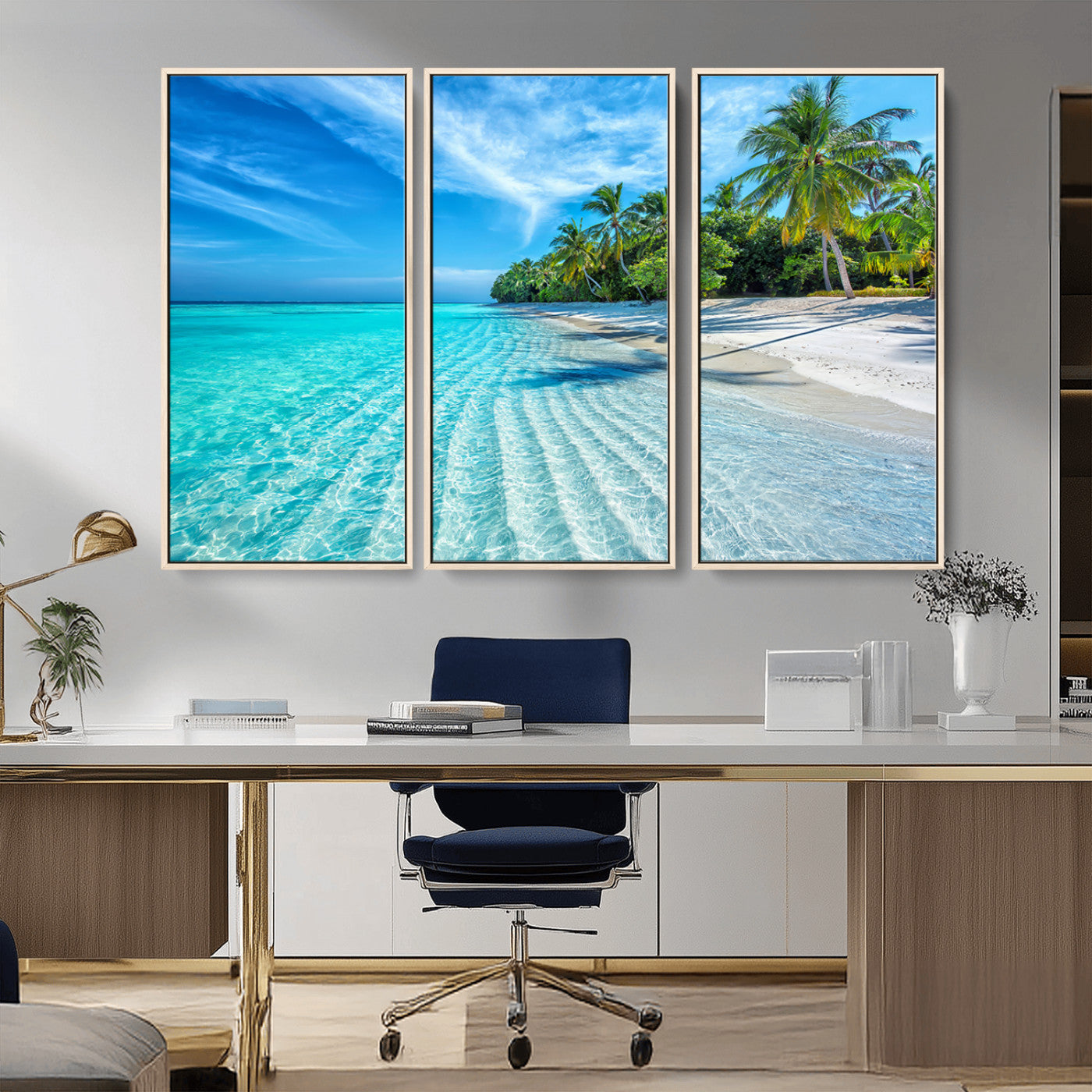 MGV-FC-48X32-3P - Tropical Beach Wall Art Canvas Print - Serene Ocean Landscape with Crystal Clear Turquoise Water and