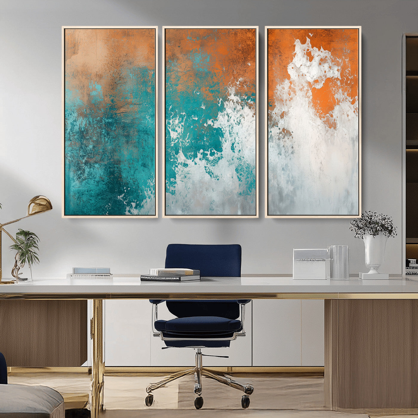 MGV-FC-48X32-3P - Vintage Abstract Print - Bold Teal and Orange Canvas Wall Art - Retro-Vintage Abstract Orange Canvas