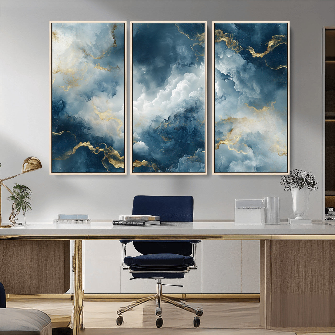 MGV-FC-48X32-3P - Large Abstract Print - Luxe Blue and Gold Abstract Canvas Wall Art - Bold Cloudscape Canvas for